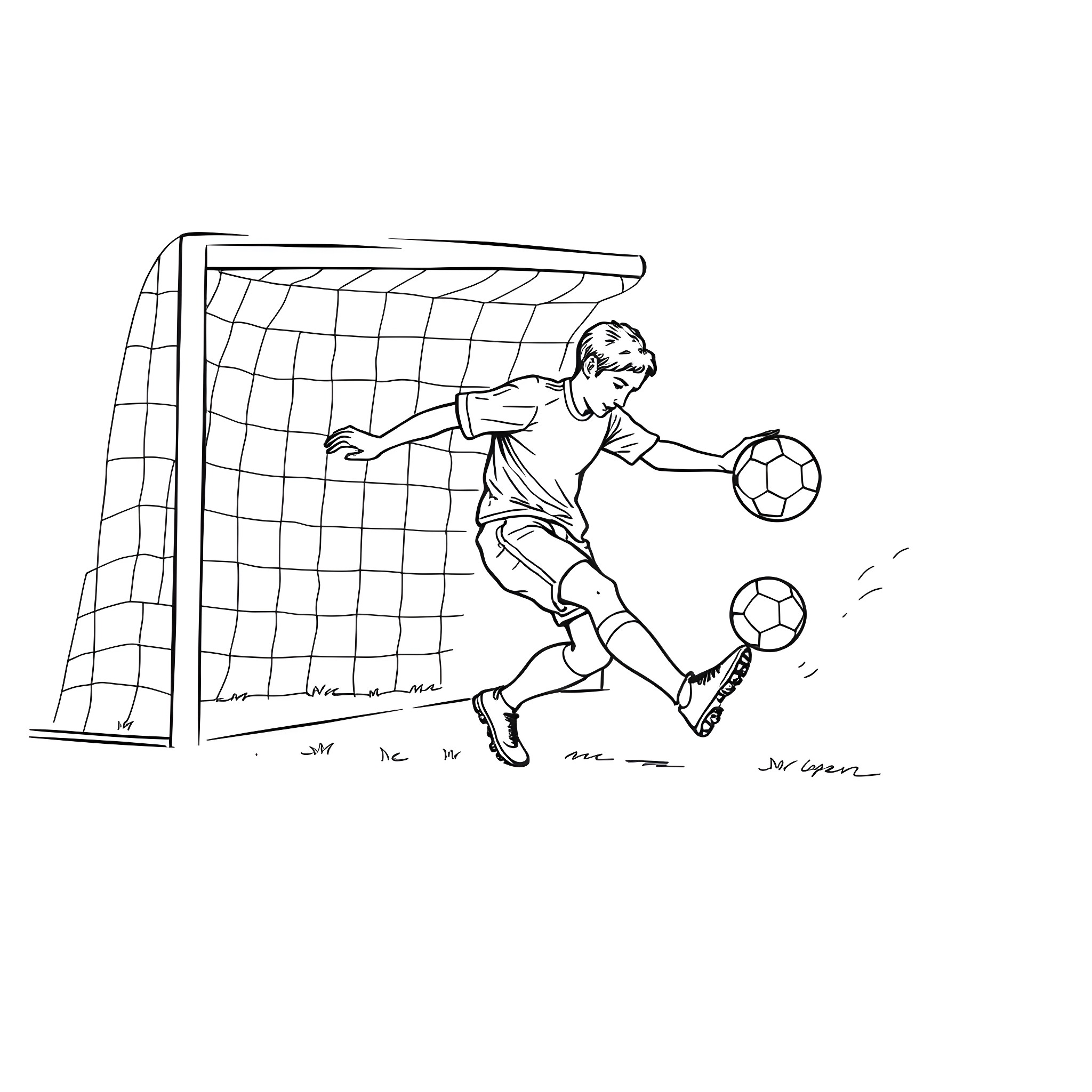 Soccer Player Defending in Front of Goal Coloring Page (free black-and-white line drawing printable PDF for all, from beginners to advanced learners, including children, teens, adults, and seniors)