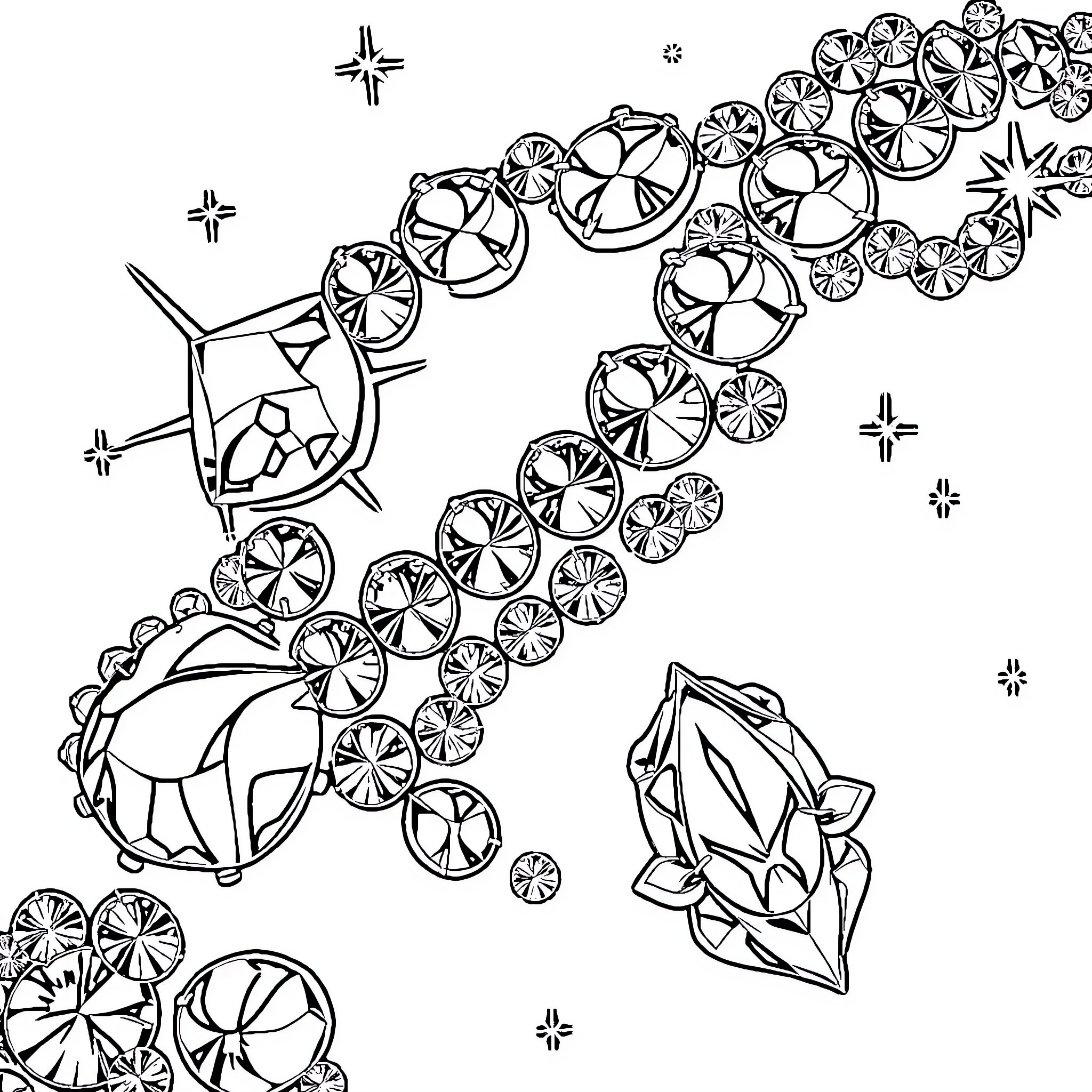Jewelry designs featuring gems and geometric shapes Coloring Page (free black-and-white line drawing printable PDF for all, from beginners to advanced learners, including children, teens, adults, and seniors)