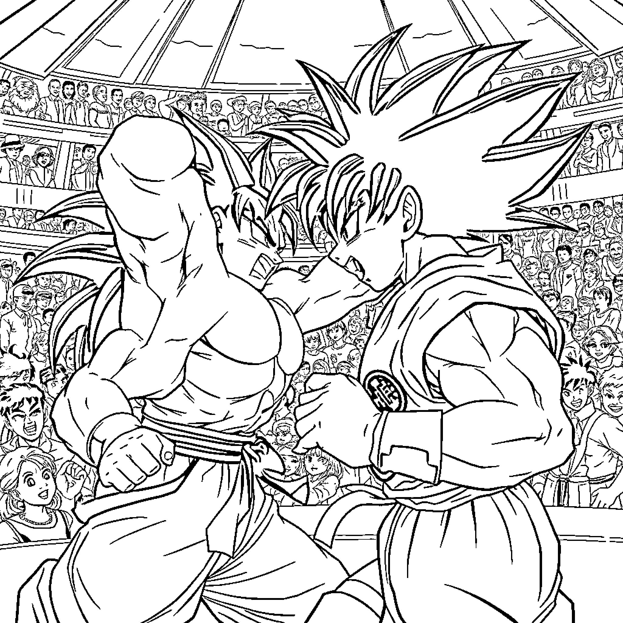 Baki characters in intense battle within stadium Coloring Page (free black-and-white line drawing printable PDF for all, from beginners to advanced learners, including children, teens, adults, and seniors)