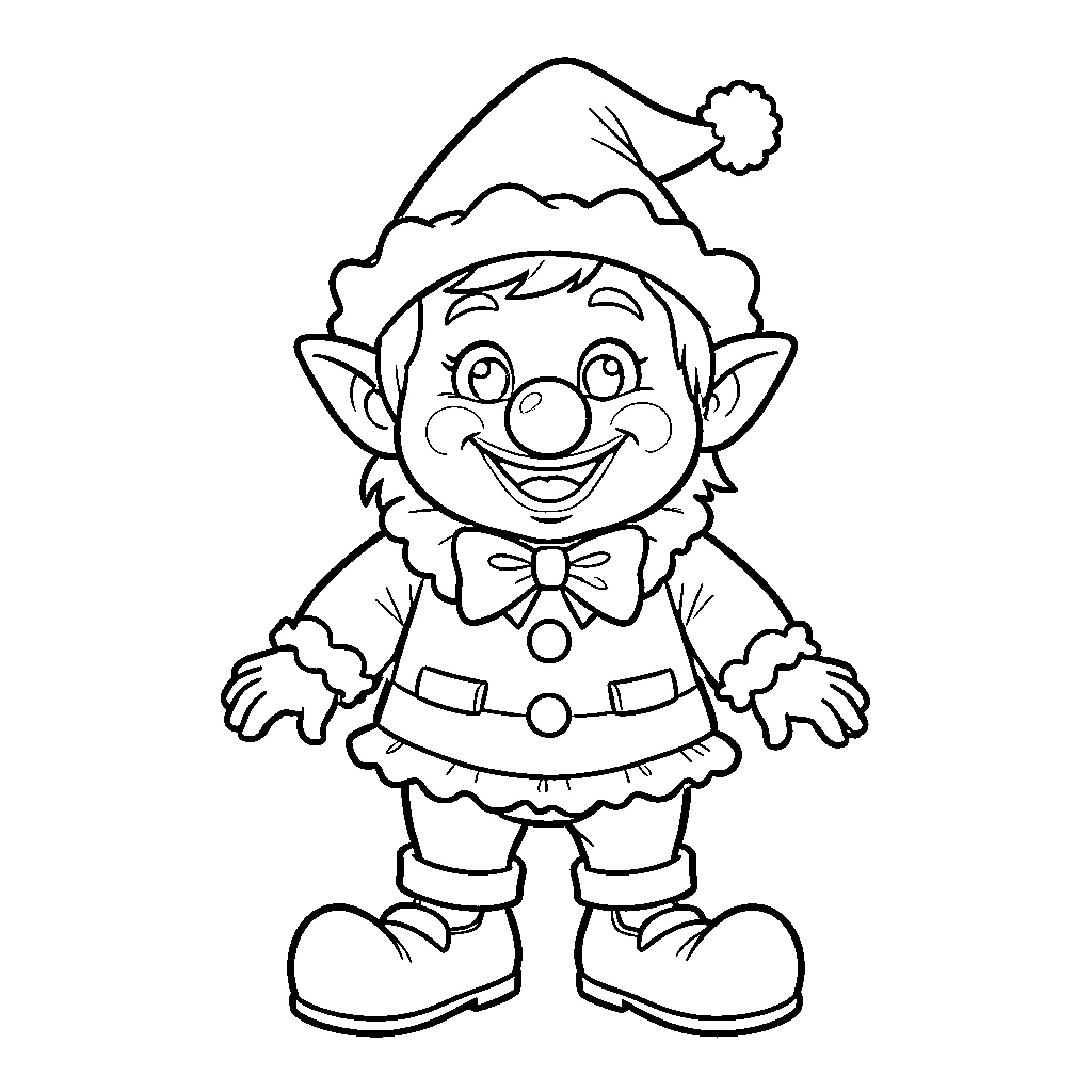 Nain the Merry Elf in Festive Outfit Coloring Page (free black-and-white line drawing printable PDF for all, from beginners to advanced learners, including children, teens, adults, and seniors)