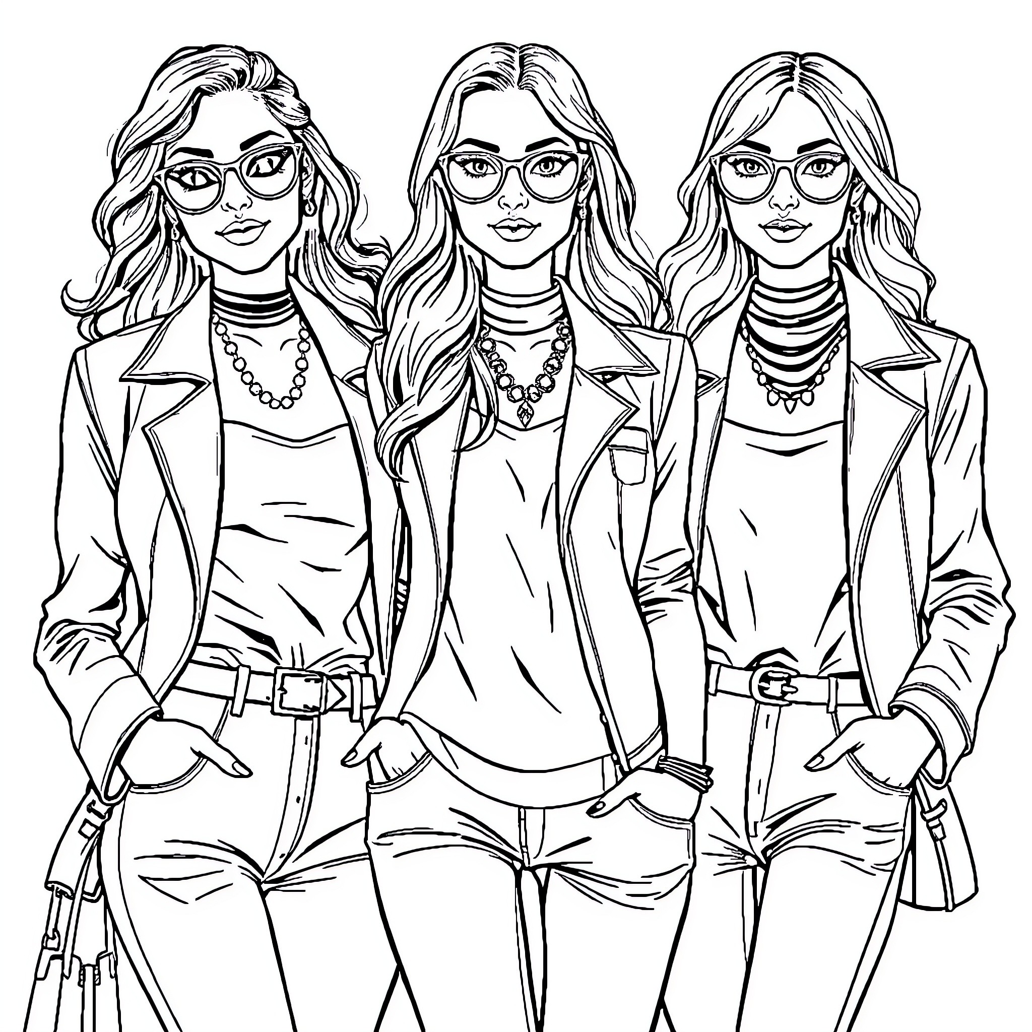 Women in stylish business attire and accessories Coloring Page (free black-and-white line drawing printable PDF for all, from beginners to advanced learners, including children, teens, adults, and seniors)
