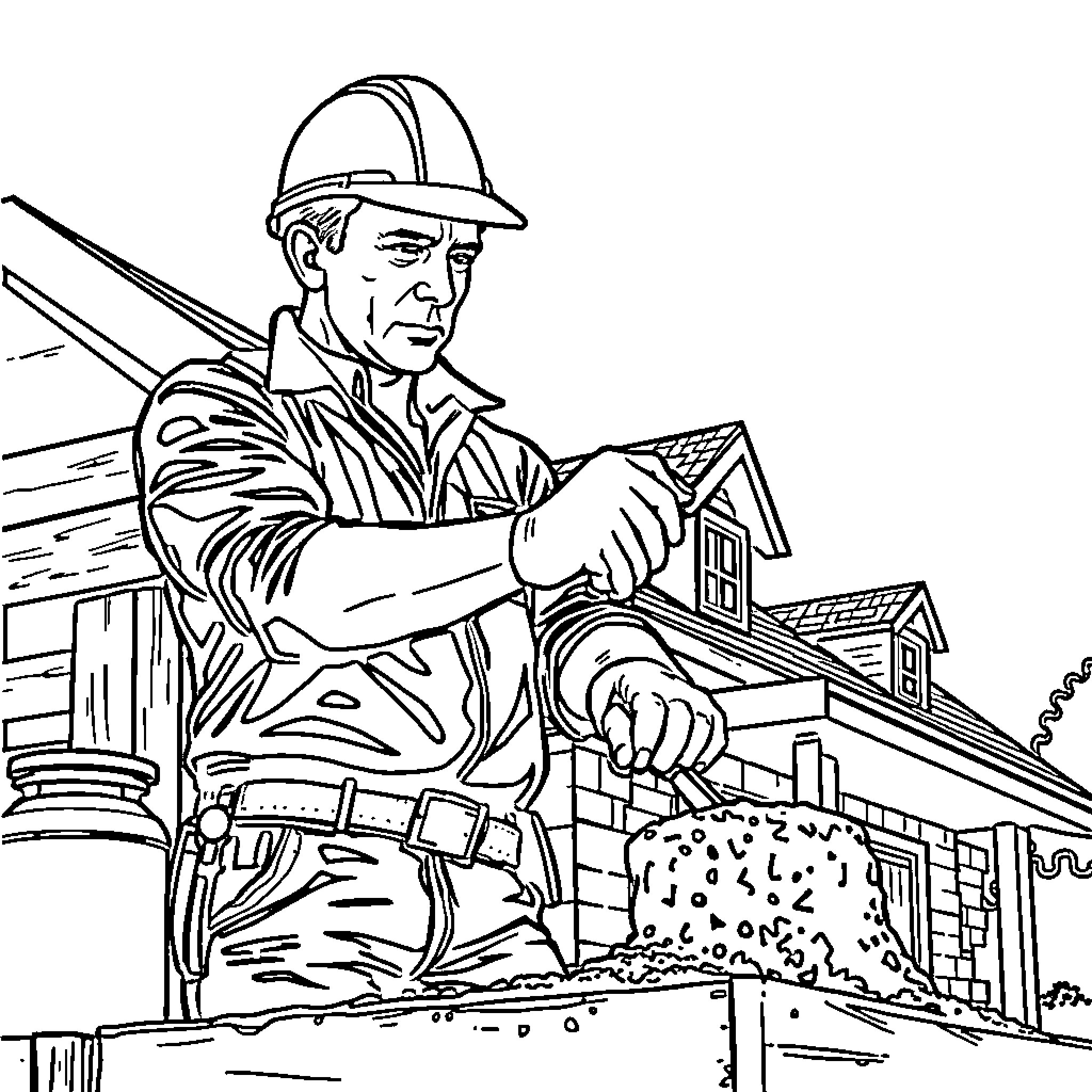 James Bond inspecting a construction site Coloring Page (free black-and-white line drawing printable PDF for all, from beginners to advanced learners, including children, teens, adults, and seniors)