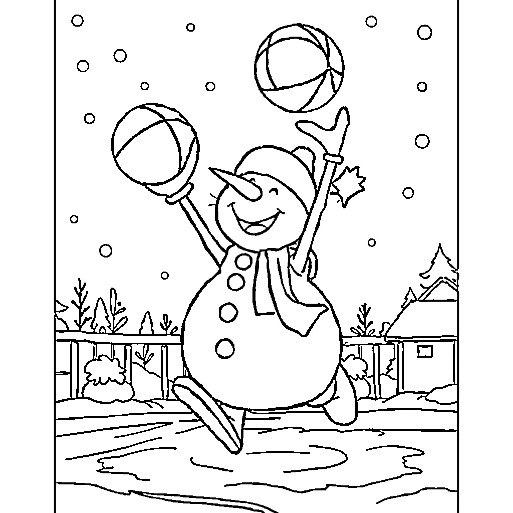 Snowman juggling snowballs in the winter wonderland Coloring Page (free black-and-white line drawing printable PDF for all, from beginners to advanced learners, including children, teens, adults, and seniors)