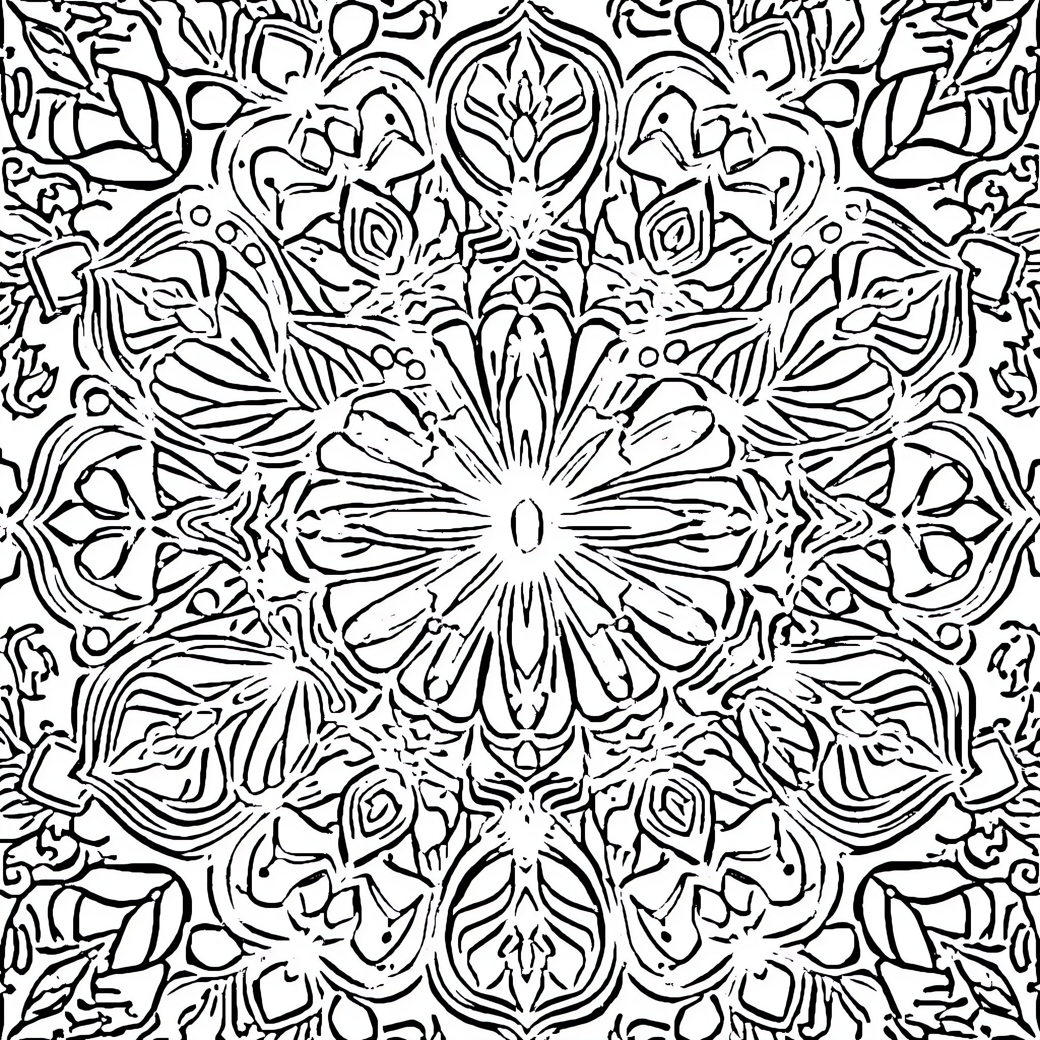 Mandala of intricate floral patterns Coloring Page (free black-and-white line drawing printable PDF for all, from beginners to advanced learners, including children, teens, adults, and seniors)