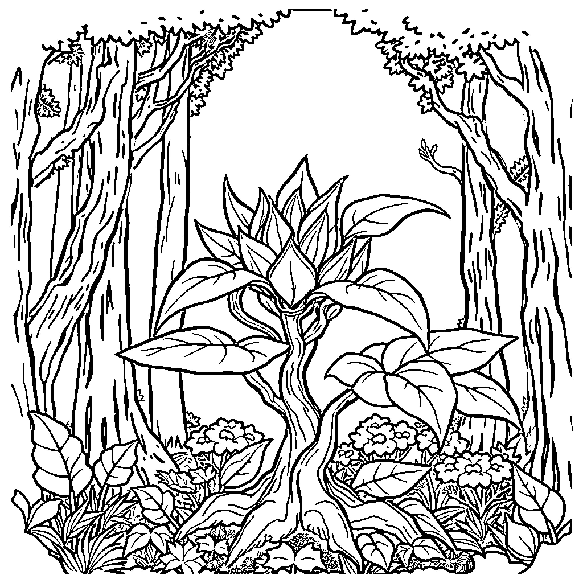 Brainroot's Enchanting Forest Adventure Coloring Page (free black-and-white line drawing printable PDF for all, from beginners to advanced learners, including children, teens, adults, and seniors)