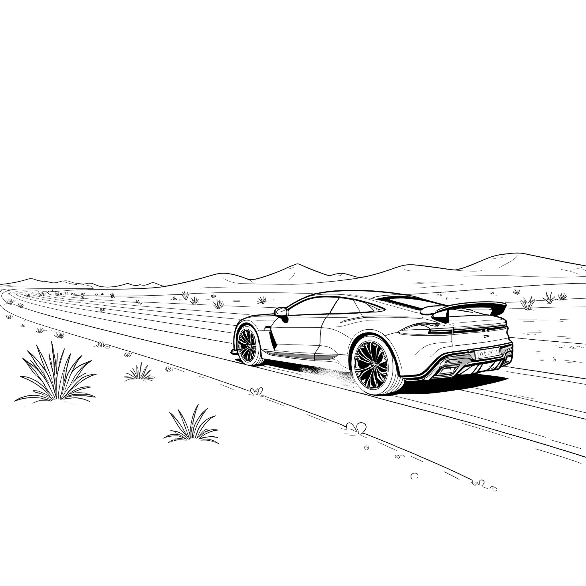 Polestar speeding through the desert landscape Coloring Page (free black-and-white line drawing printable PDF for all, from beginners to advanced learners, including children, teens, adults, and seniors)