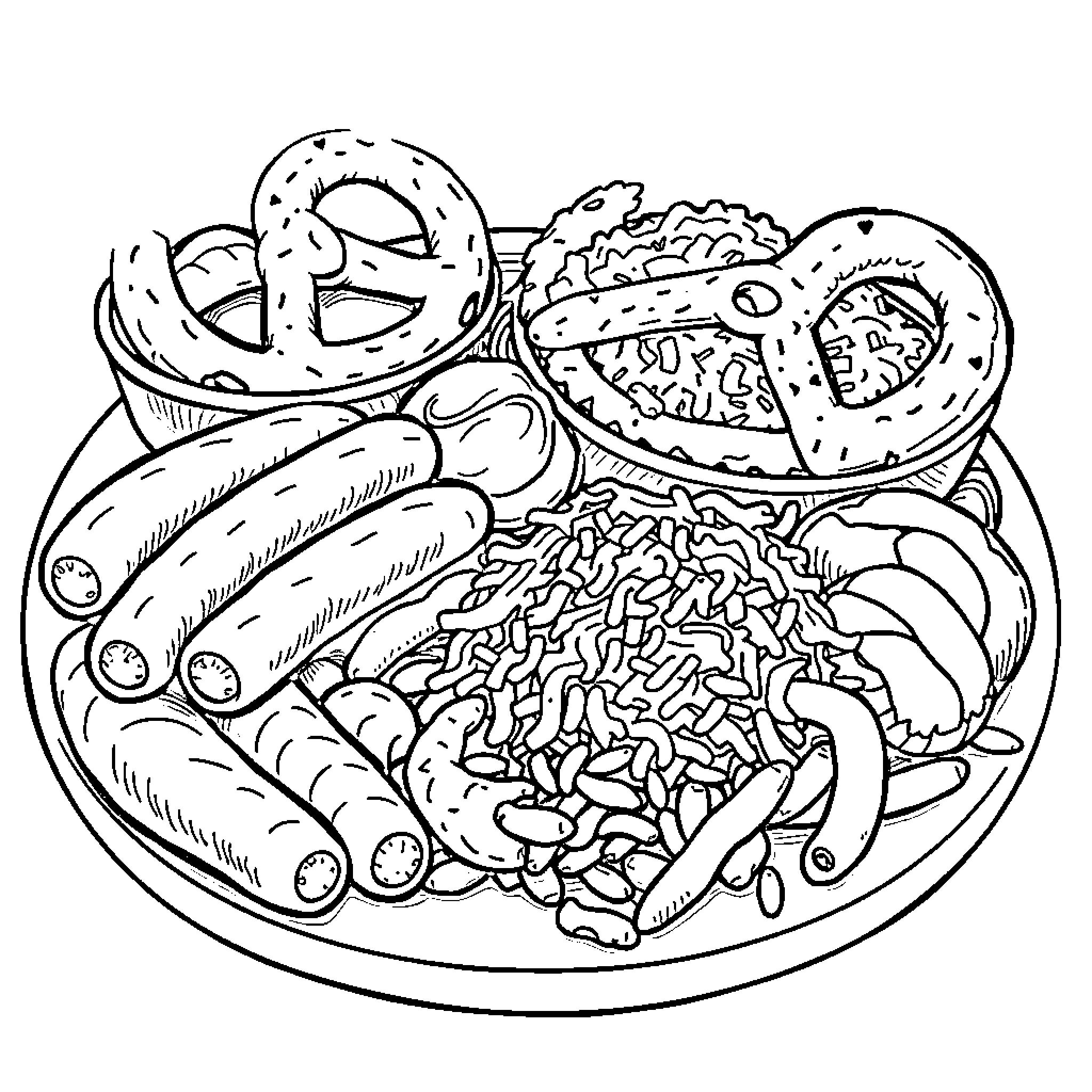 German Food Platter with Variety of Dishes Coloring Page (free black-and-white line drawing printable PDF for all, from beginners to advanced learners, including children, teens, adults, and seniors)