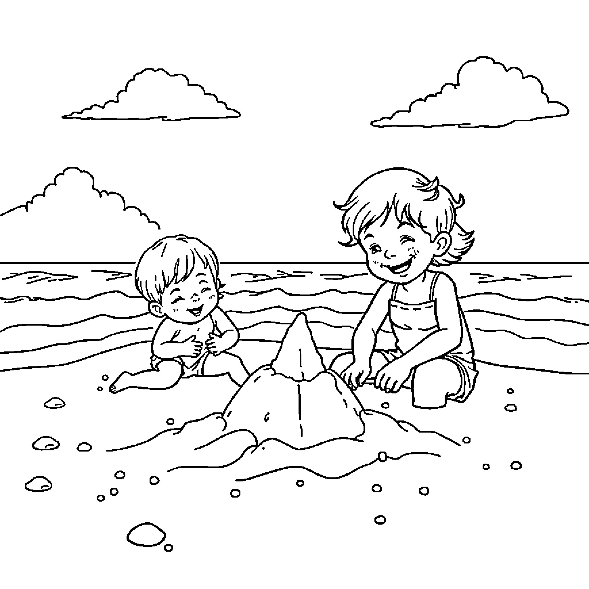 Kids playing happily on the beach Coloring Page (free black-and-white line drawing printable PDF for all, from beginners to advanced learners, including children, teens, adults, and seniors)