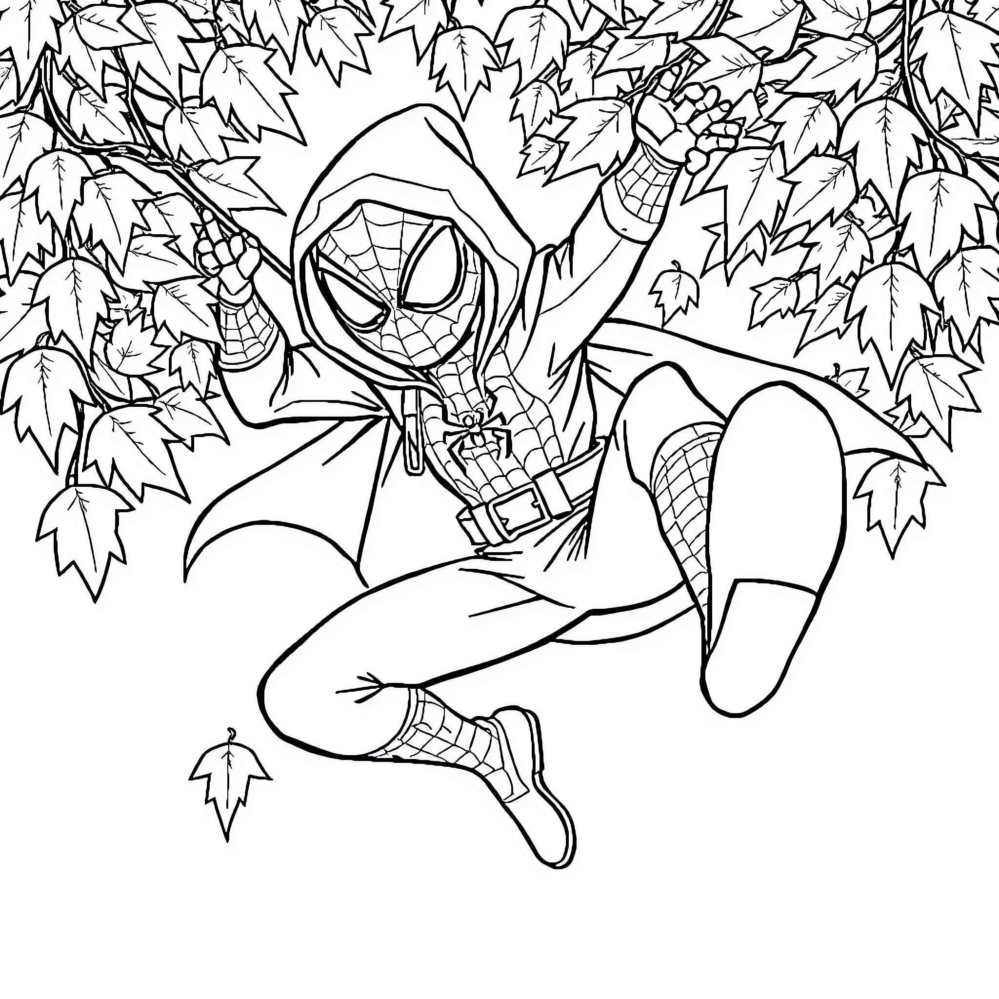 Spider-Man swinging through the forest Coloring Page (free black-and-white line drawing printable PDF for all, from beginners to advanced learners, including children, teens, adults, and seniors)