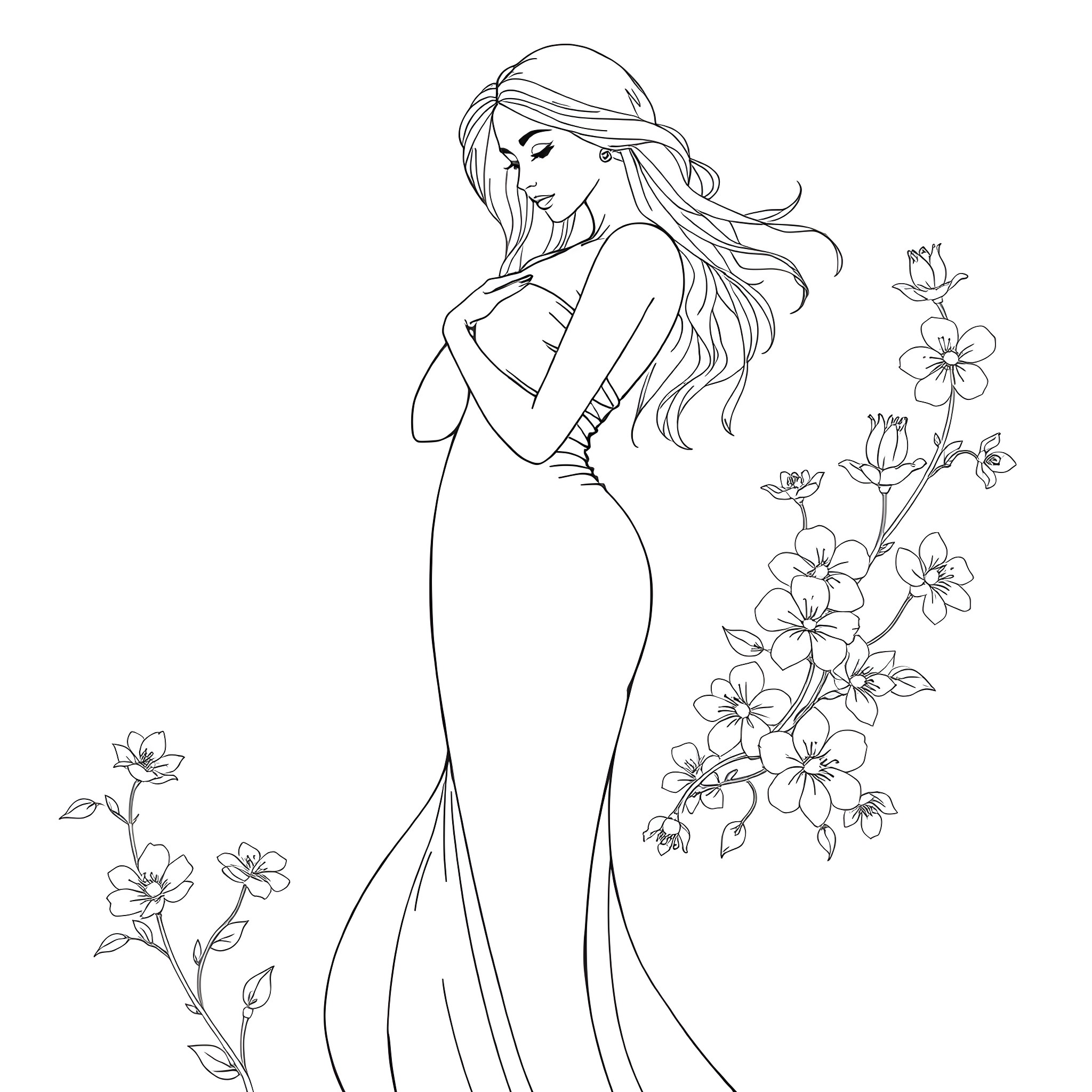 Woman in flowing dress admiring floral surroundings Coloring Page (free black-and-white line drawing printable PDF for all, from beginners to advanced learners, including children, teens, adults, and seniors)