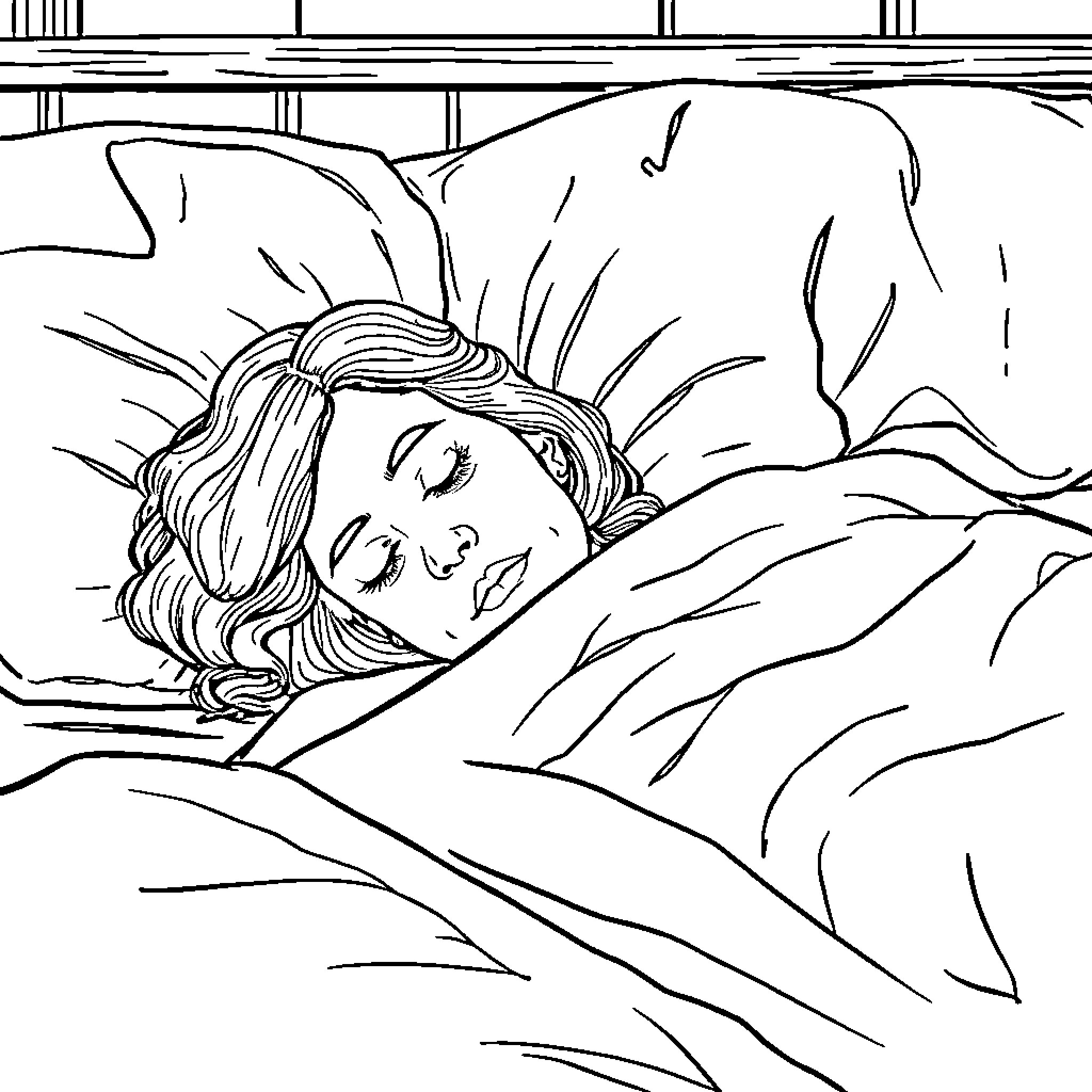 Mum sleeping peacefully in bed Coloring Page (free black-and-white line drawing printable PDF for all, from beginners to advanced learners, including children, teens, adults, and seniors)