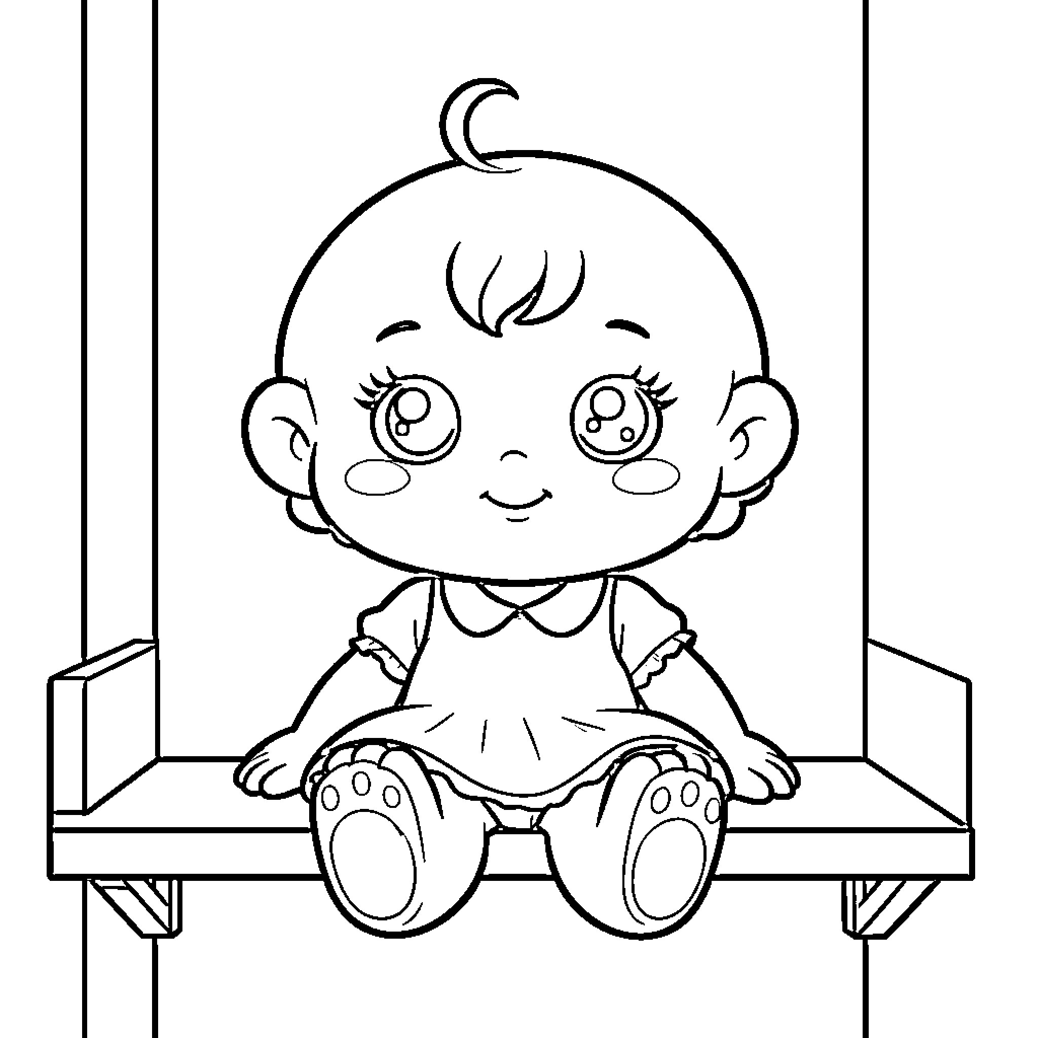 Kewpie sitting happily on a wooden swing Coloring Page (free black-and-white line drawing printable PDF for all, from beginners to advanced learners, including children, teens, adults, and seniors)