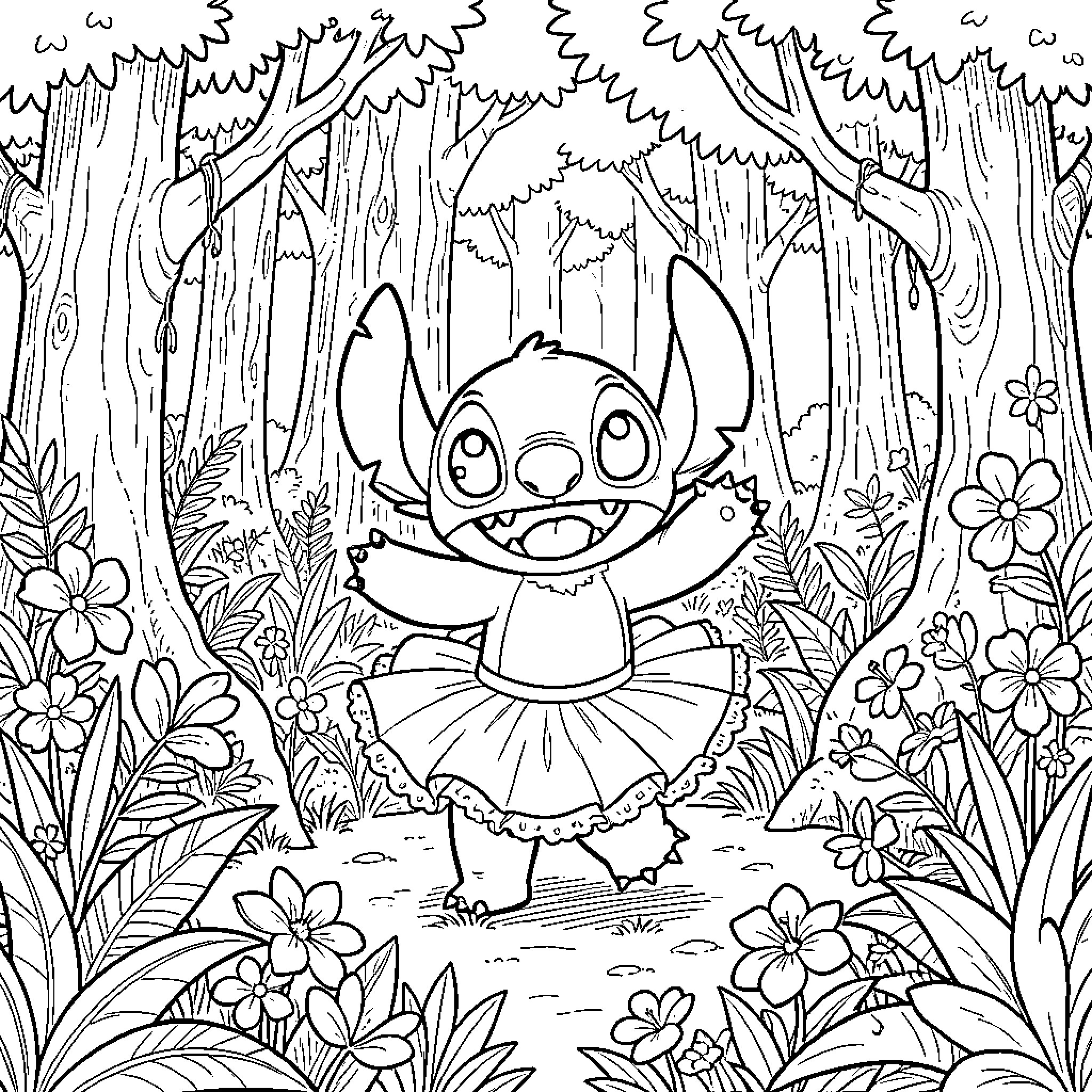 Stitch dancing in a whimsical forest scene Coloring Page (free black-and-white line drawing printable PDF for all, from beginners to advanced learners, including children, teens, adults, and seniors)