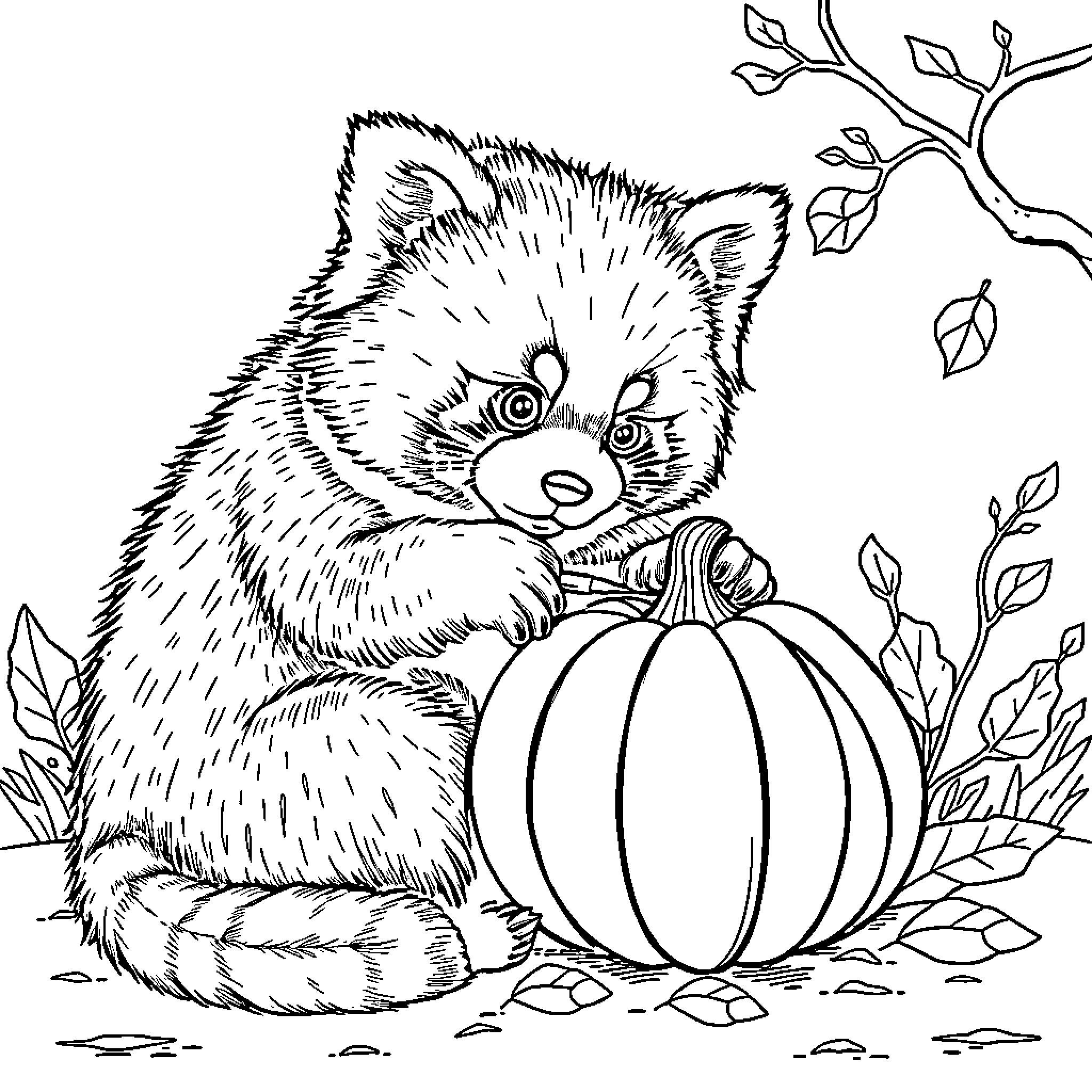 Panda playfully exploring autumn pumpkin in the leaves Coloring Page (free black-and-white line drawing printable PDF for all, from beginners to advanced learners, including children, teens, adults, and seniors)