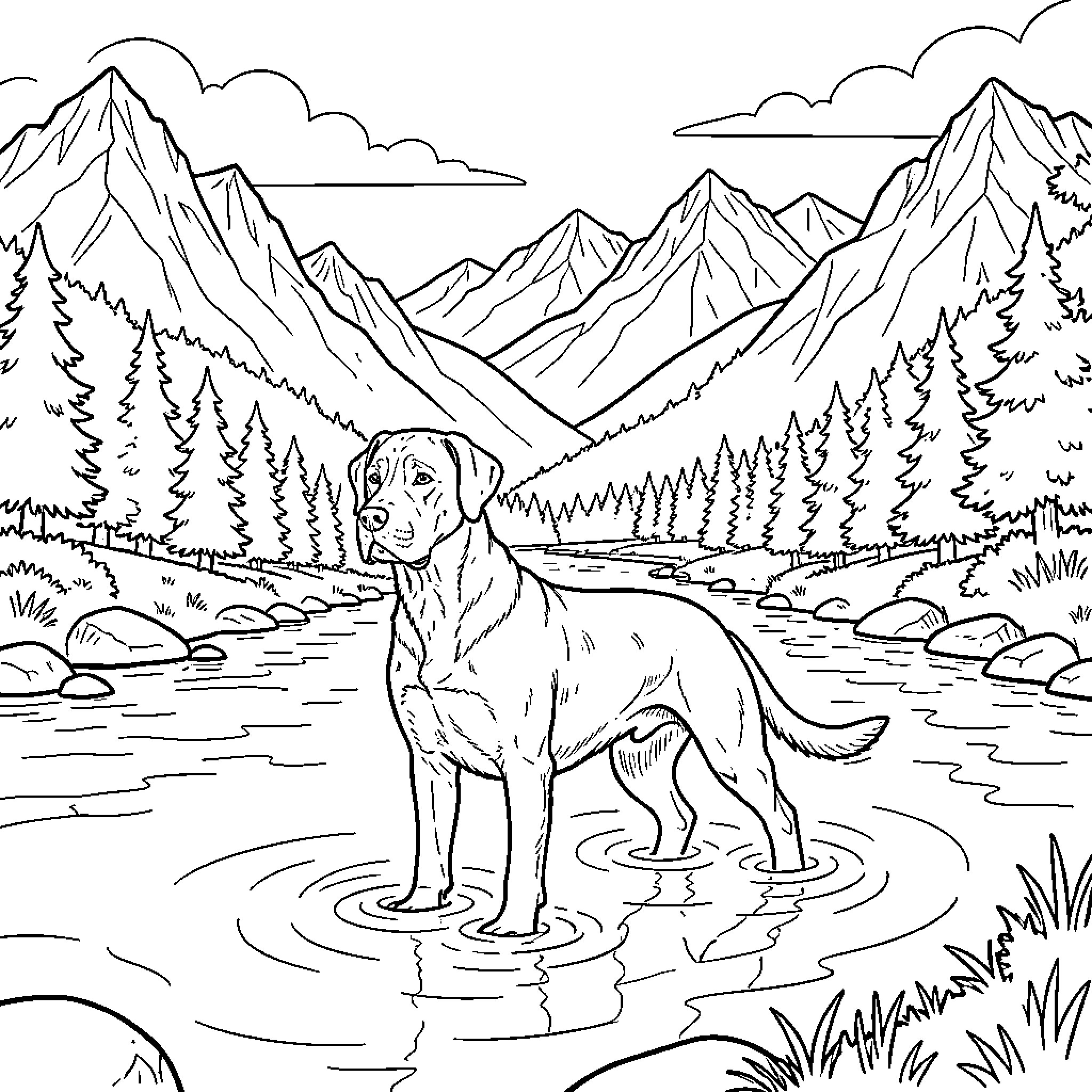Cane Corso standing calmly in a mountain river Coloring Page (free black-and-white line drawing printable PDF for all, from beginners to advanced learners, including children, teens, adults, and seniors)