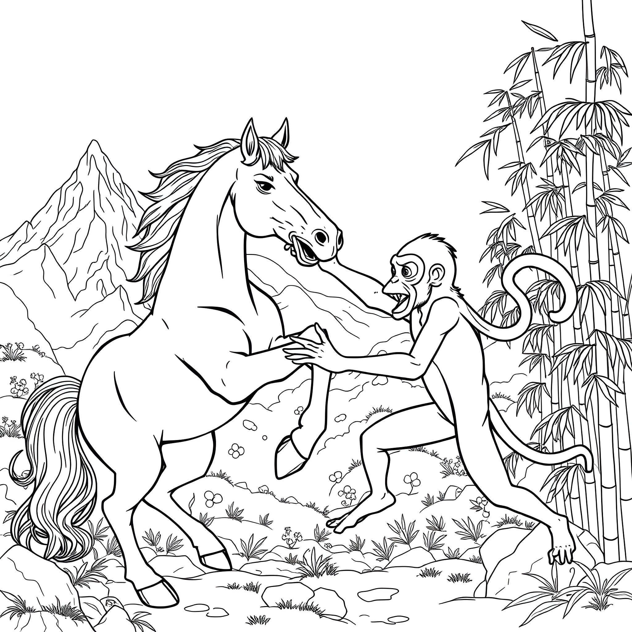 Horse being groomed by a monkey in the forest Coloring Page (free black-and-white line drawing printable PDF for all, from beginners to advanced learners, including children, teens, adults, and seniors)