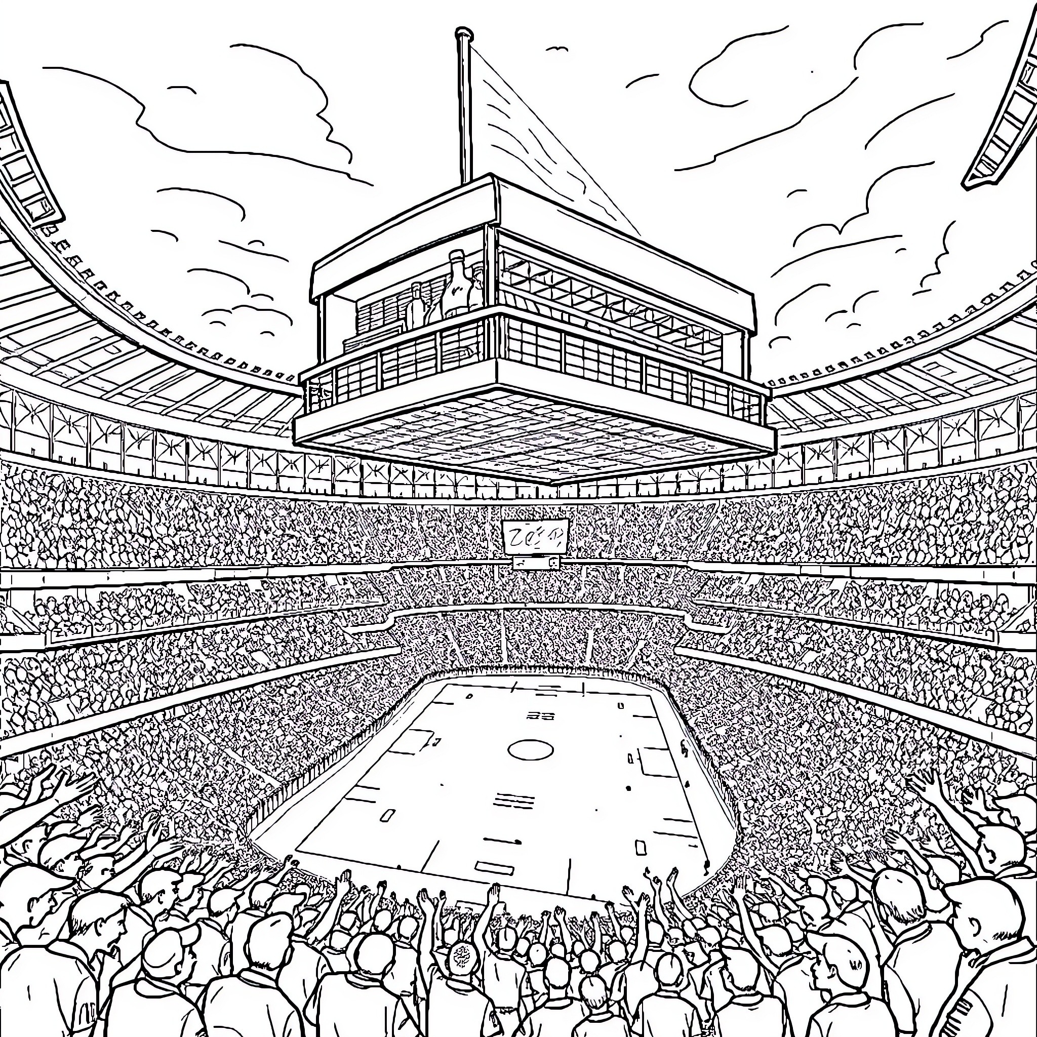 Supermarket scene with bustling crowds and stadium-like venue Coloring Page (free black-and-white line drawing printable PDF for all, from beginners to advanced learners, including children, teens, adults, and seniors)
