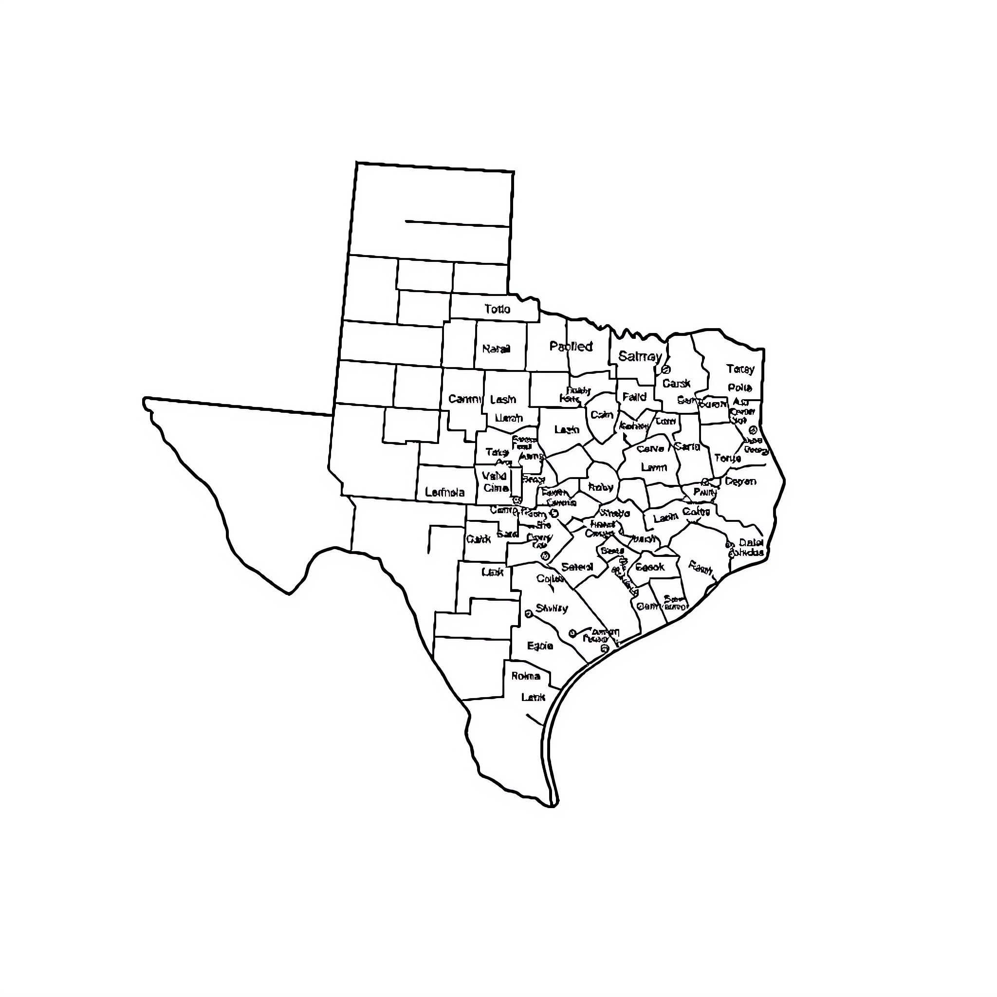 Texas Outline with County Names Coloring Page (free black-and-white line drawing printable PDF for all, from beginners to advanced learners, including children, teens, adults, and seniors)