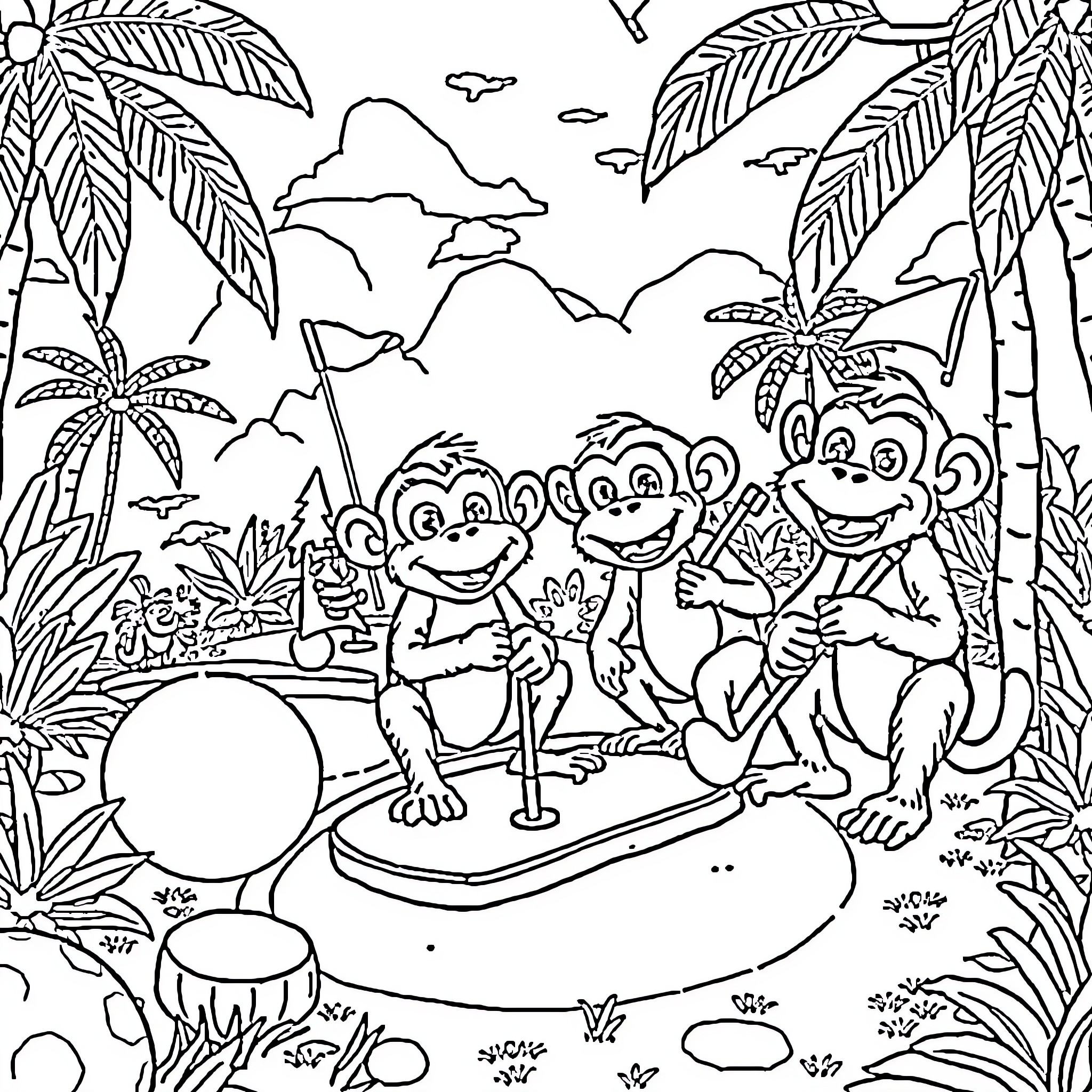 Monkeys playing happily in the tropical jungle Coloring Page (free black-and-white line drawing printable PDF for all, from beginners to advanced learners, including children, teens, adults, and seniors)