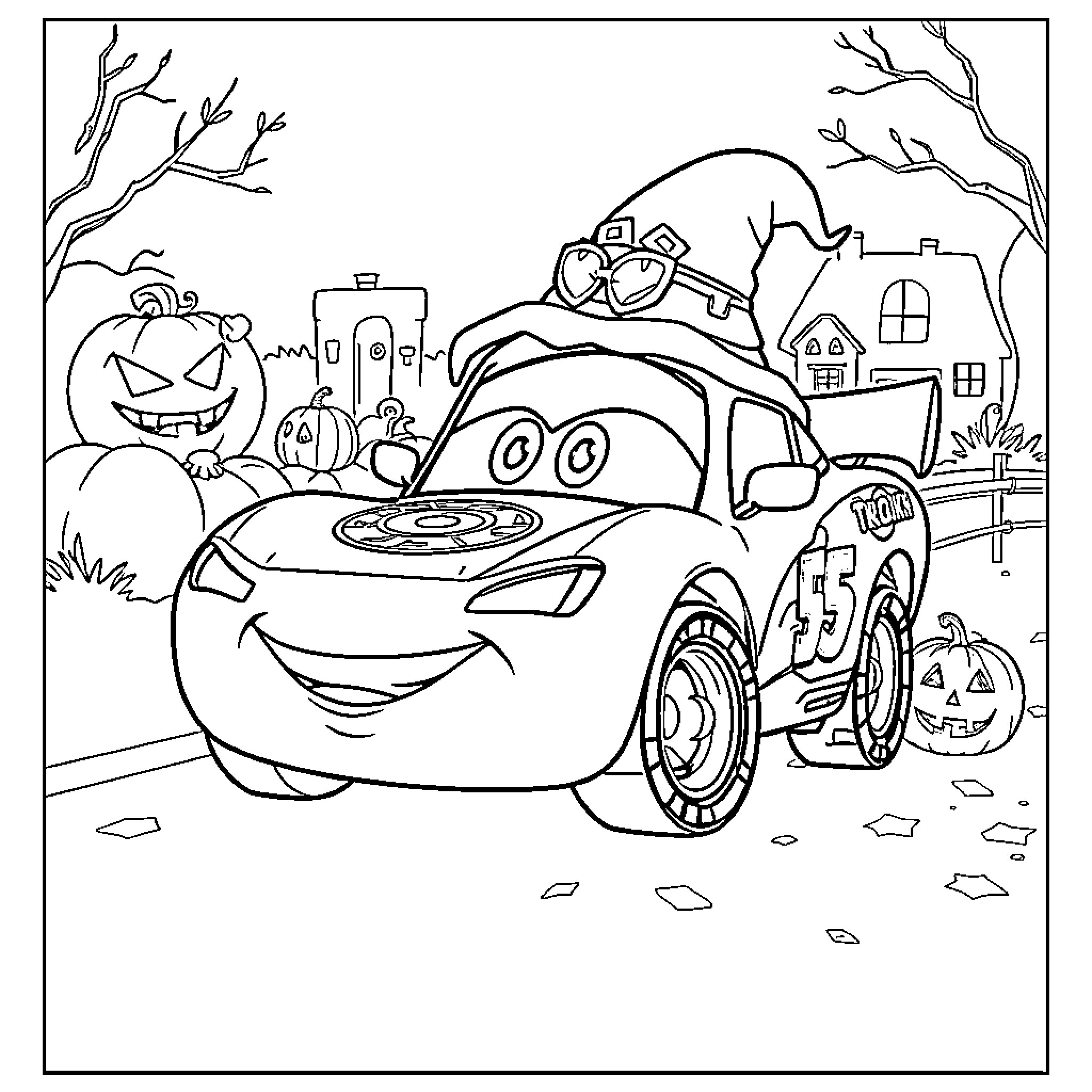 Lightning McQueen in a spooky Halloween scene Coloring Page (free black-and-white line drawing printable PDF for all, from beginners to advanced learners, including children, teens, adults, and seniors)