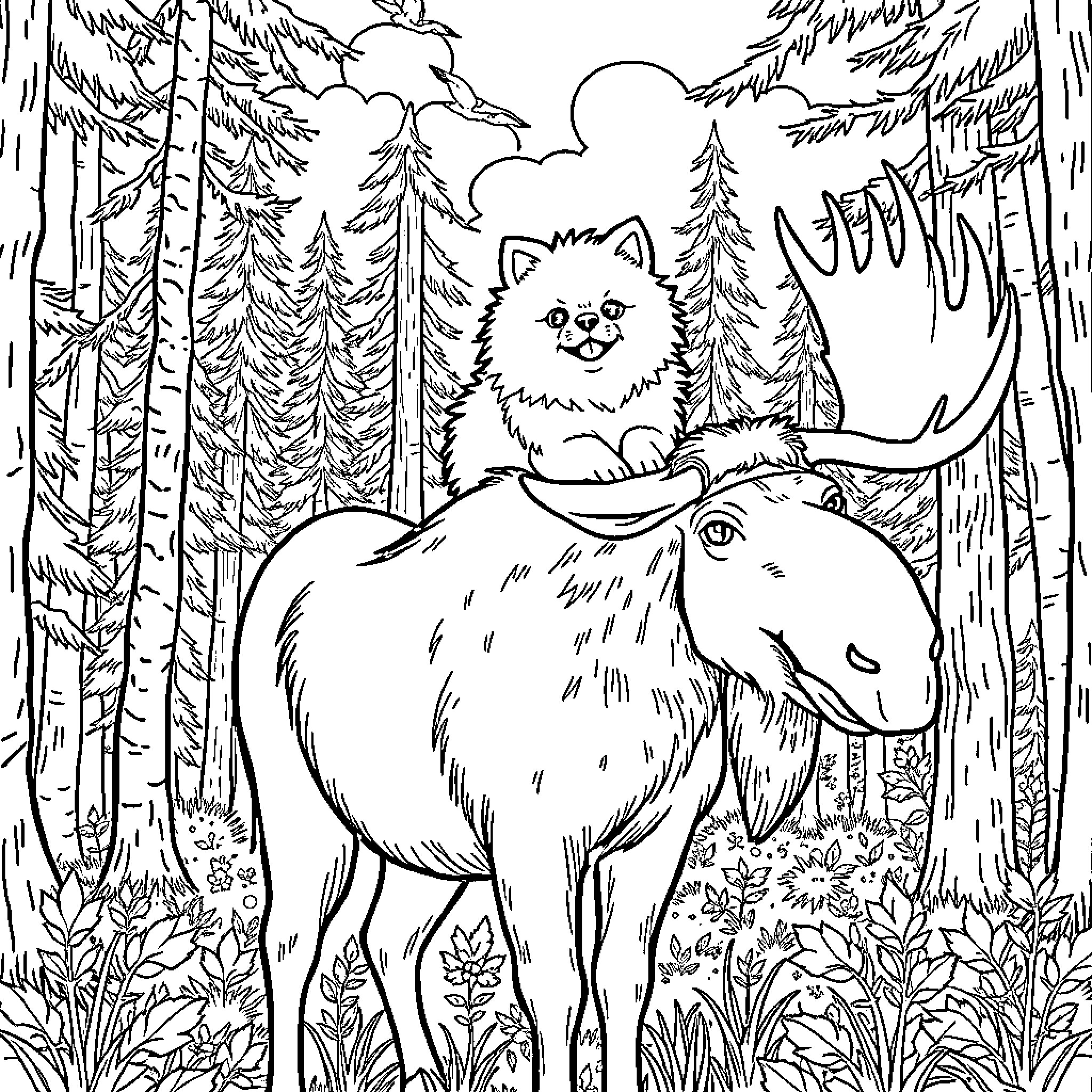Pomeranian riding a moose in the forest Coloring Page (free black-and-white line drawing printable PDF for all, from beginners to advanced learners, including children, teens, adults, and seniors)