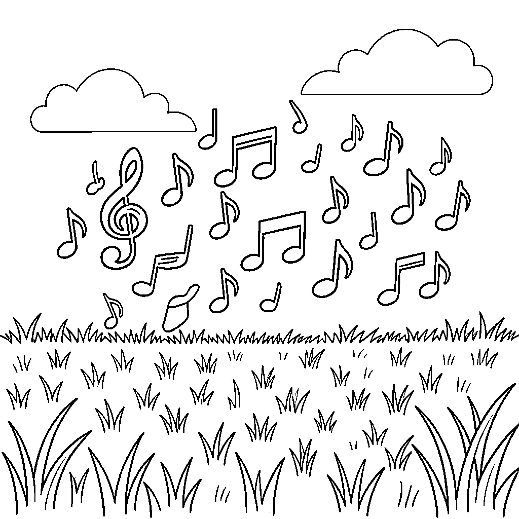 Nota Musical Melody in the Meadow Coloring Page (free black-and-white line drawing printable PDF for all, from beginners to advanced learners, including children, teens, adults, and seniors)