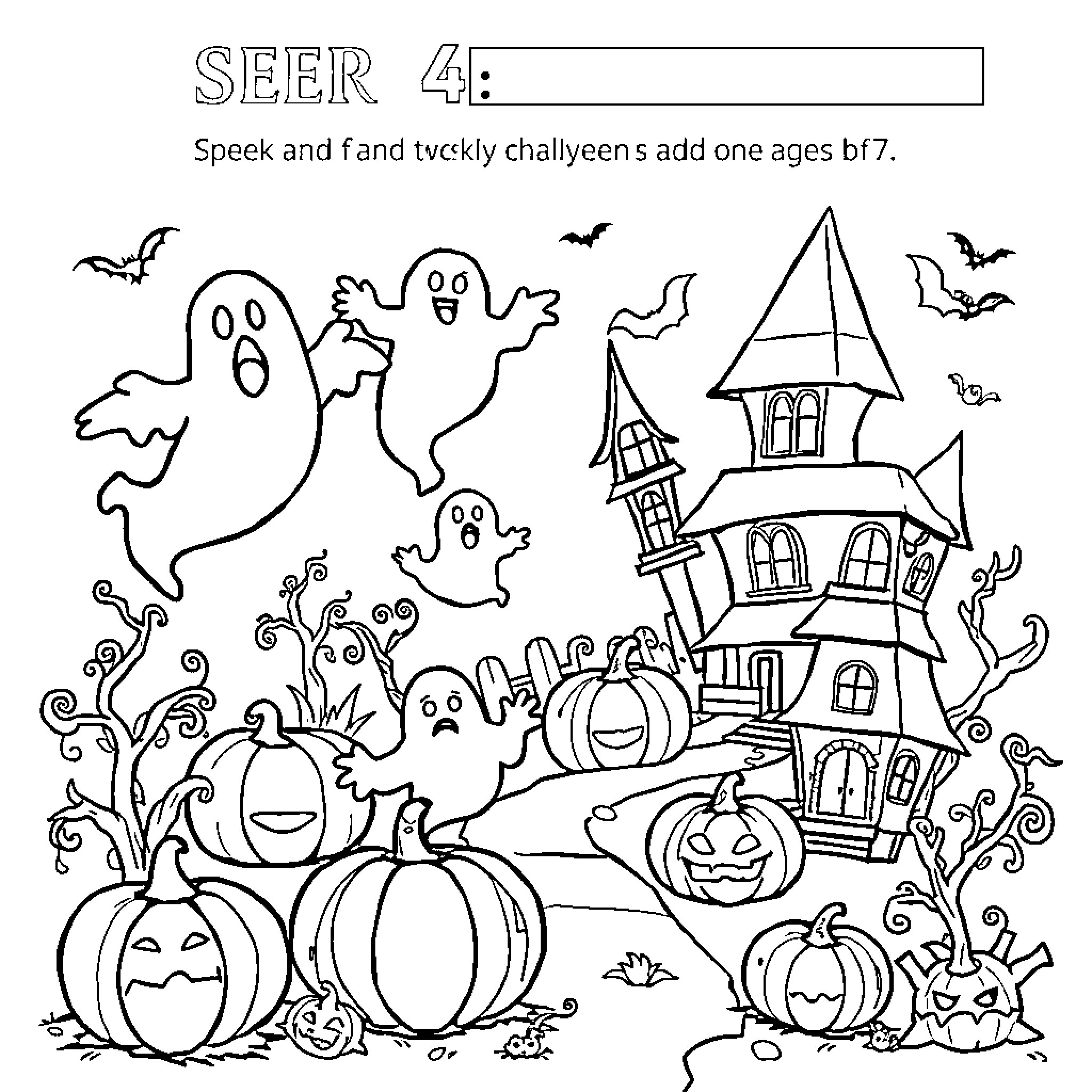 Halloween Ghosts, Pumpkins, and Haunted House Coloring Page (free black-and-white line drawing printable PDF for all, from beginners to advanced learners, including children, teens, adults, and seniors)