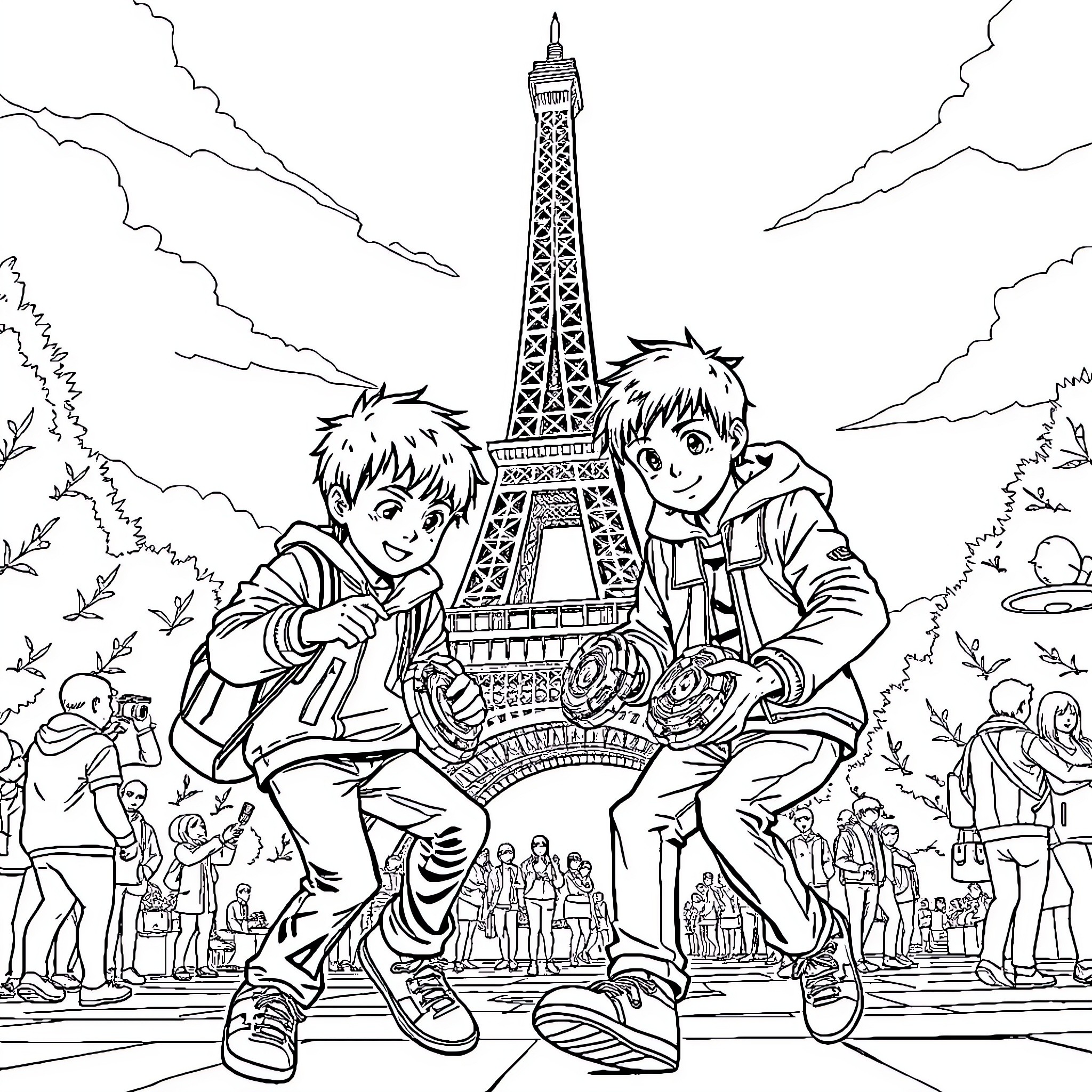 Beyblade Friends Explore Iconic Parisian Landmark Coloring Page (free black-and-white line drawing printable PDF for all, from beginners to advanced learners, including children, teens, adults, and seniors)