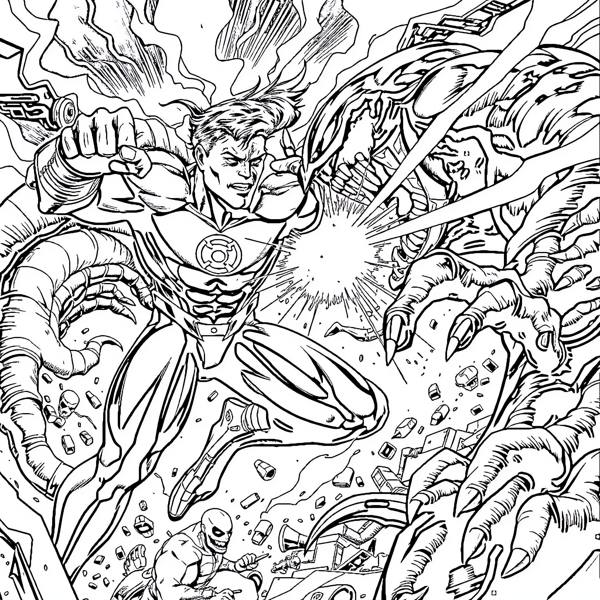 Green Lantern's cosmic battle against powerful foes Coloring Page (free black-and-white line drawing printable PDF for all, from beginners to advanced learners, including children, teens, adults, and seniors)