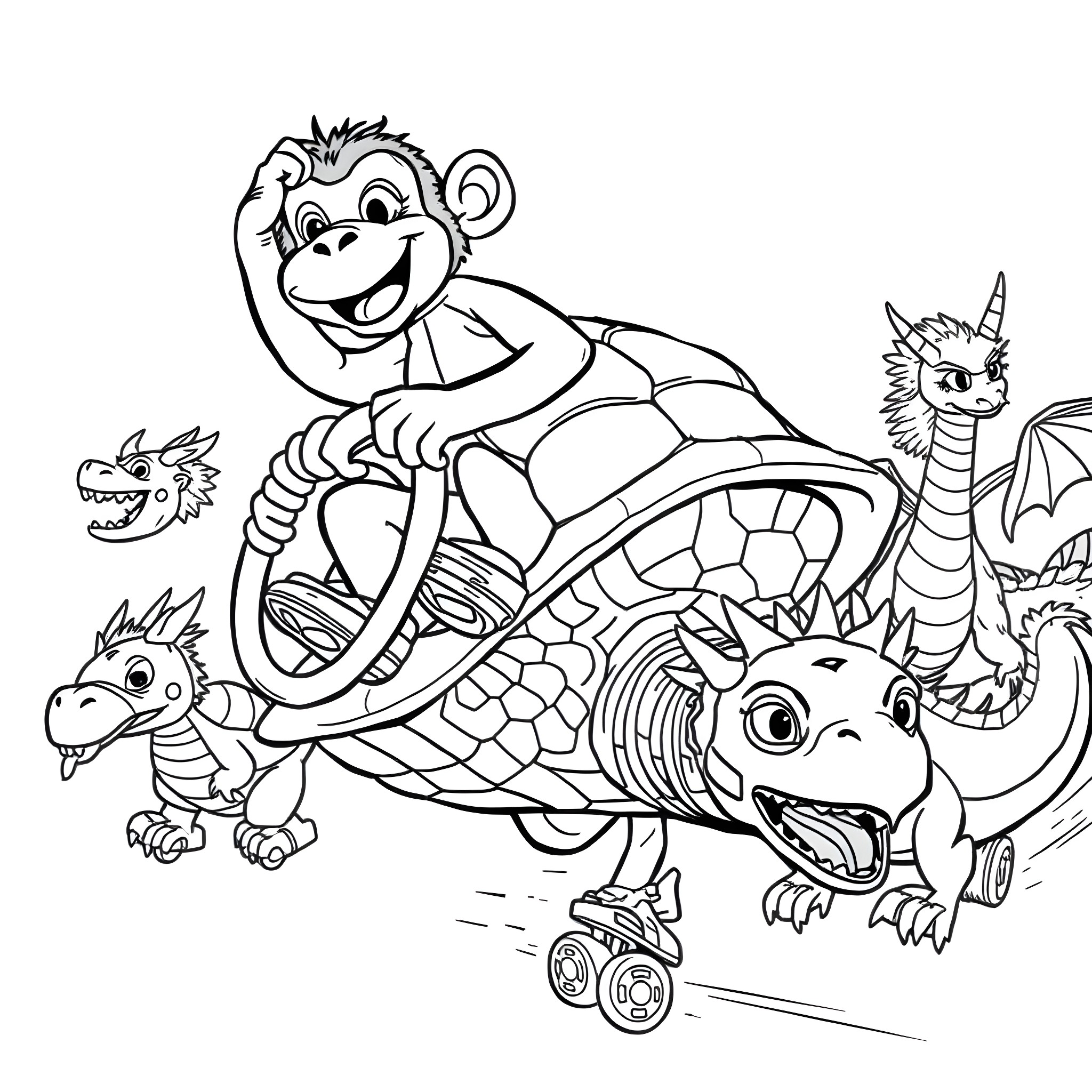 Monkey riding a fantasy dinosaur with dragon companions Coloring Page (free black-and-white line drawing printable PDF for all, from beginners to advanced learners, including children, teens, adults, and seniors)