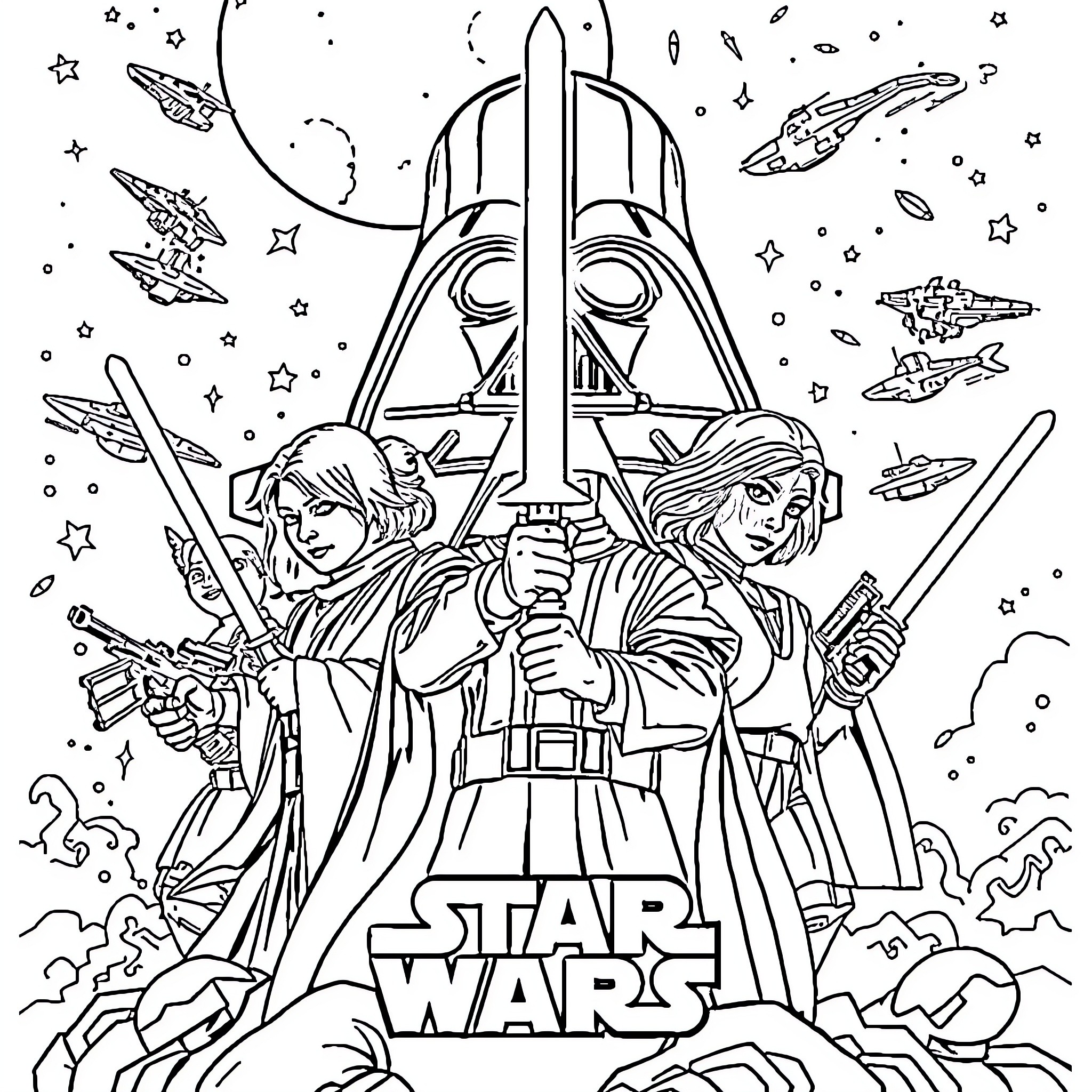 Star Wars Character Fighting with Lightsabers in Space Coloring Page (free black-and-white line drawing printable PDF for all, from beginners to advanced learners, including children, teens, adults, and seniors)