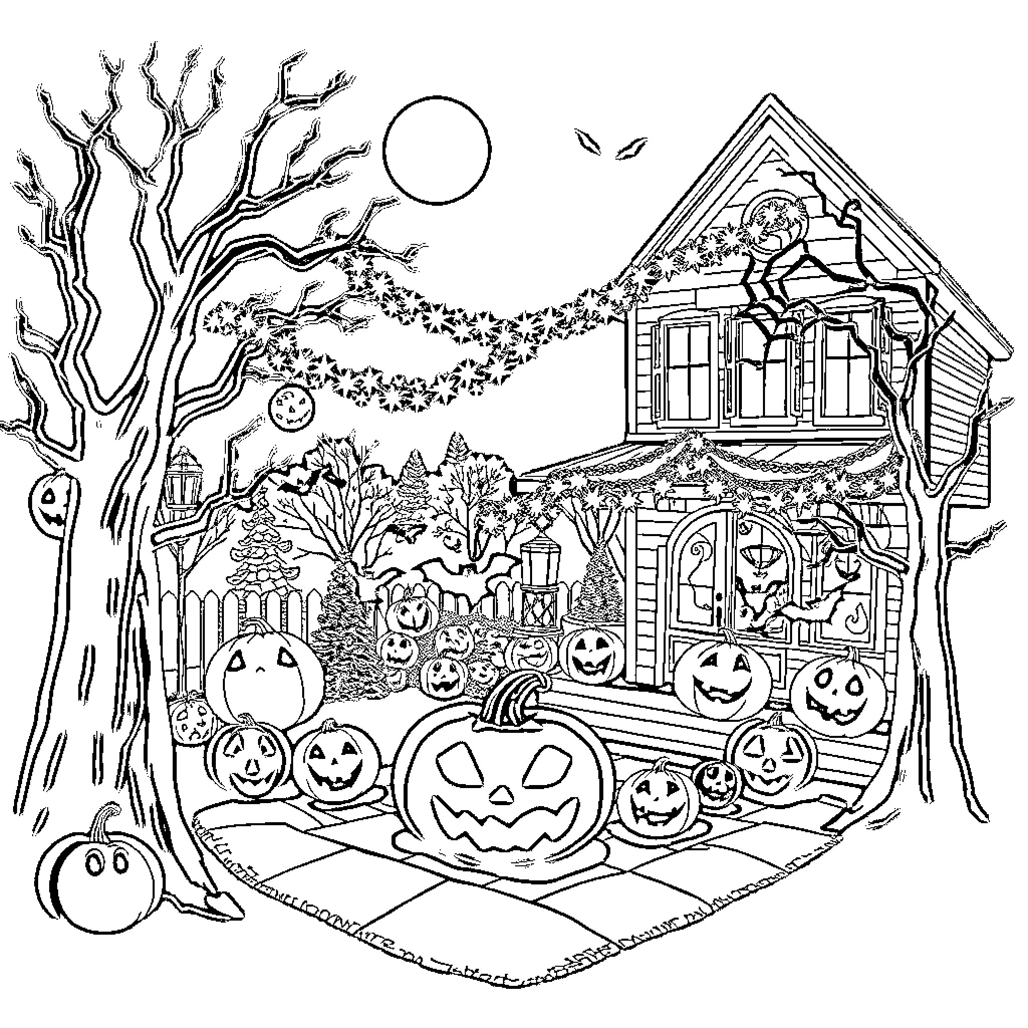 Halloween night at the haunted house Coloring Page (free black-and-white line drawing printable PDF for all, from beginners to advanced learners, including children, teens, adults, and seniors)