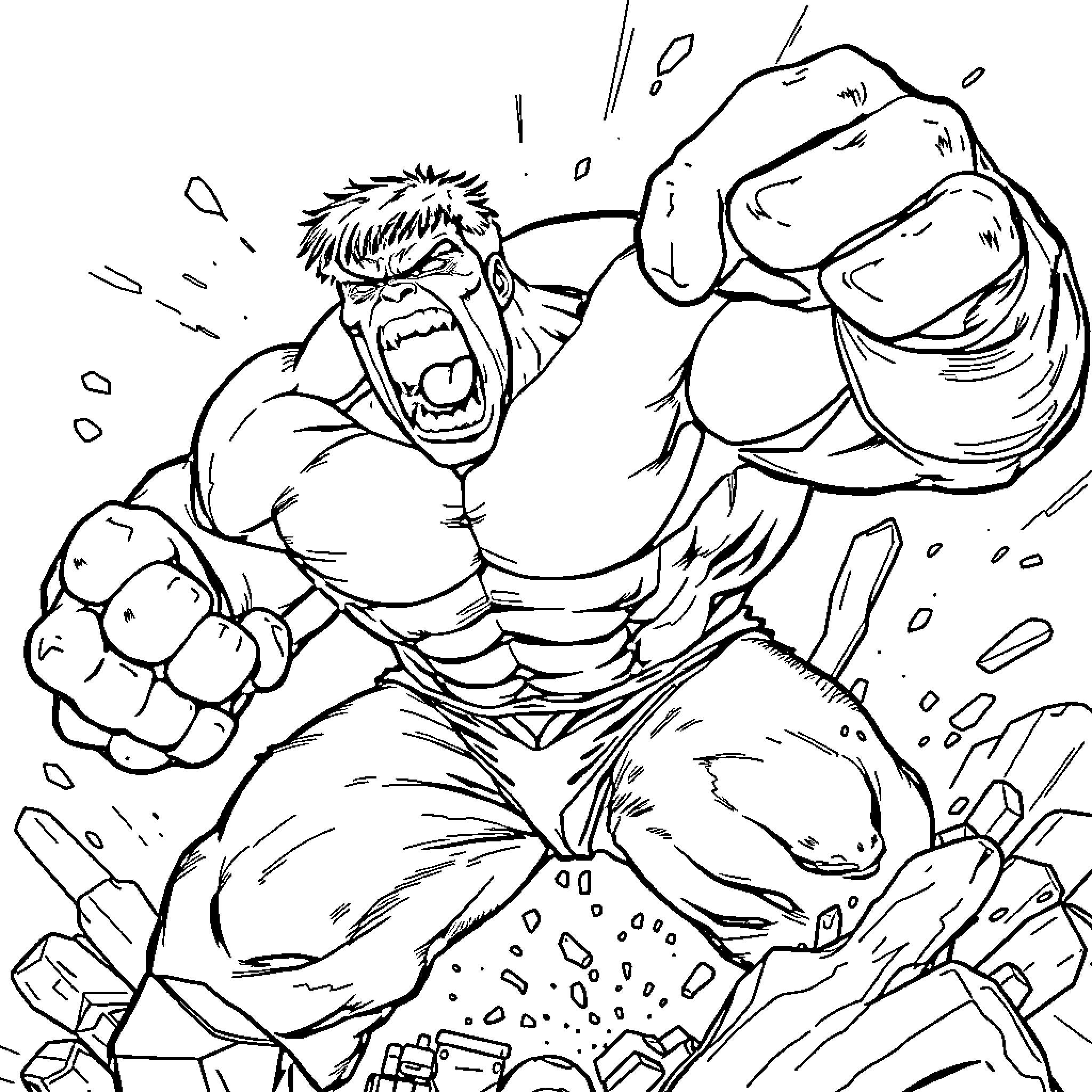 Hulk rampaging through the city in a fit of rage Coloring Page (free black-and-white line drawing printable PDF for all, from beginners to advanced learners, including children, teens, adults, and seniors)