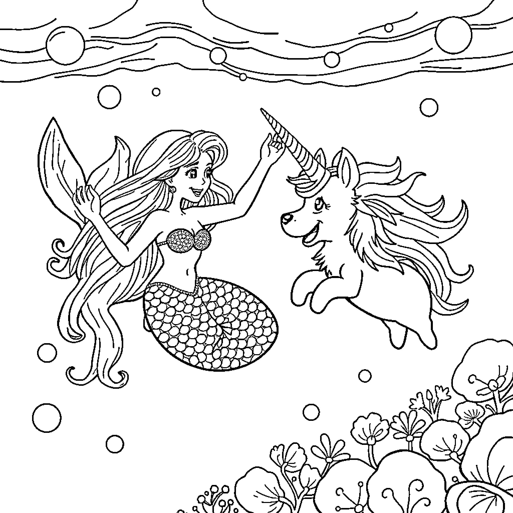 Mermaid swimming with a unicorn in the ocean Coloring Page (free black-and-white line drawing printable PDF for all, from beginners to advanced learners, including children, teens, adults, and seniors)