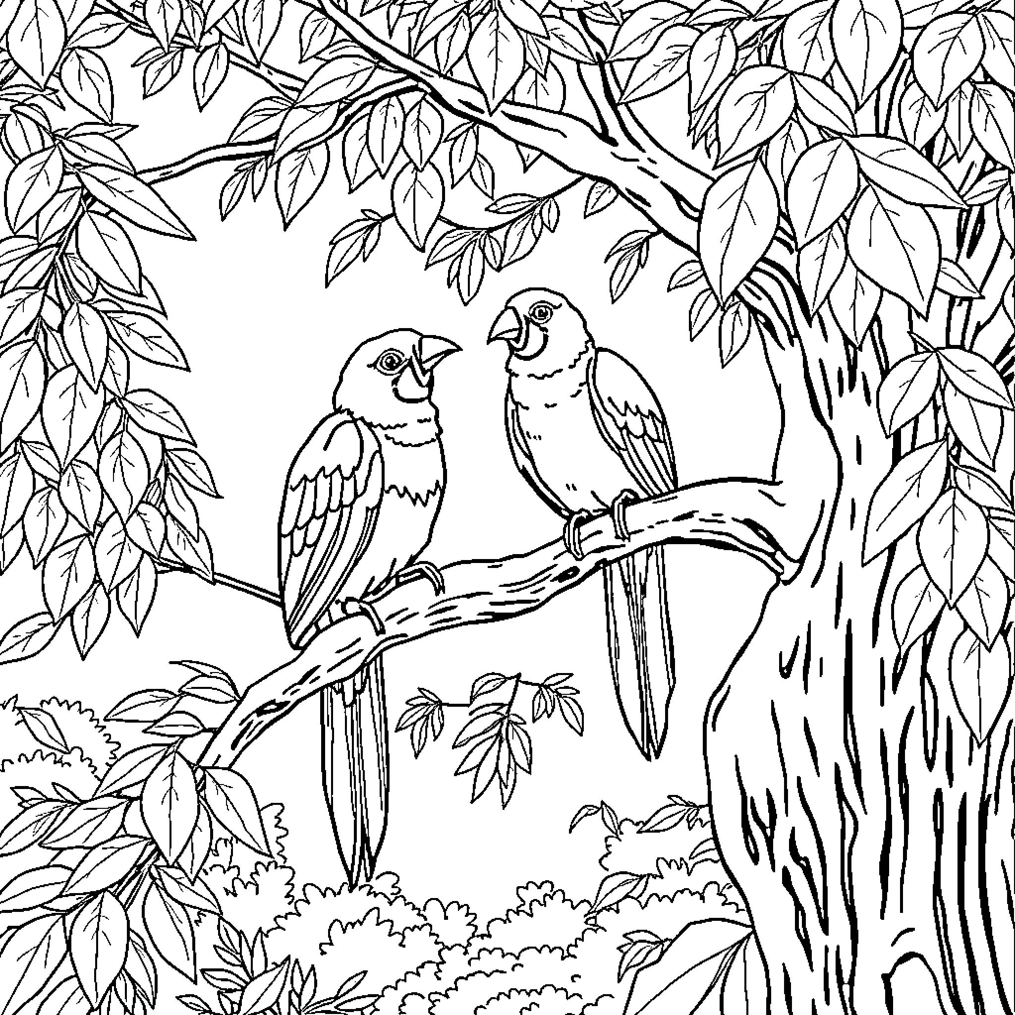 Raccoon couple perched on tree branch in lush forest Coloring Page (free black-and-white line drawing printable PDF for all, from beginners to advanced learners, including children, teens, adults, and seniors)