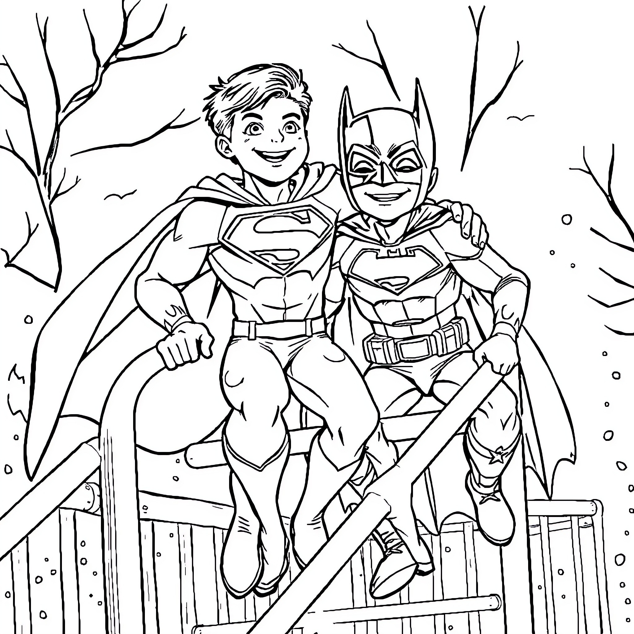 Superman and Batman's Heroic Adventure Coloring Page (free black-and-white line drawing printable PDF for all, from beginners to advanced learners, including children, teens, adults, and seniors)
