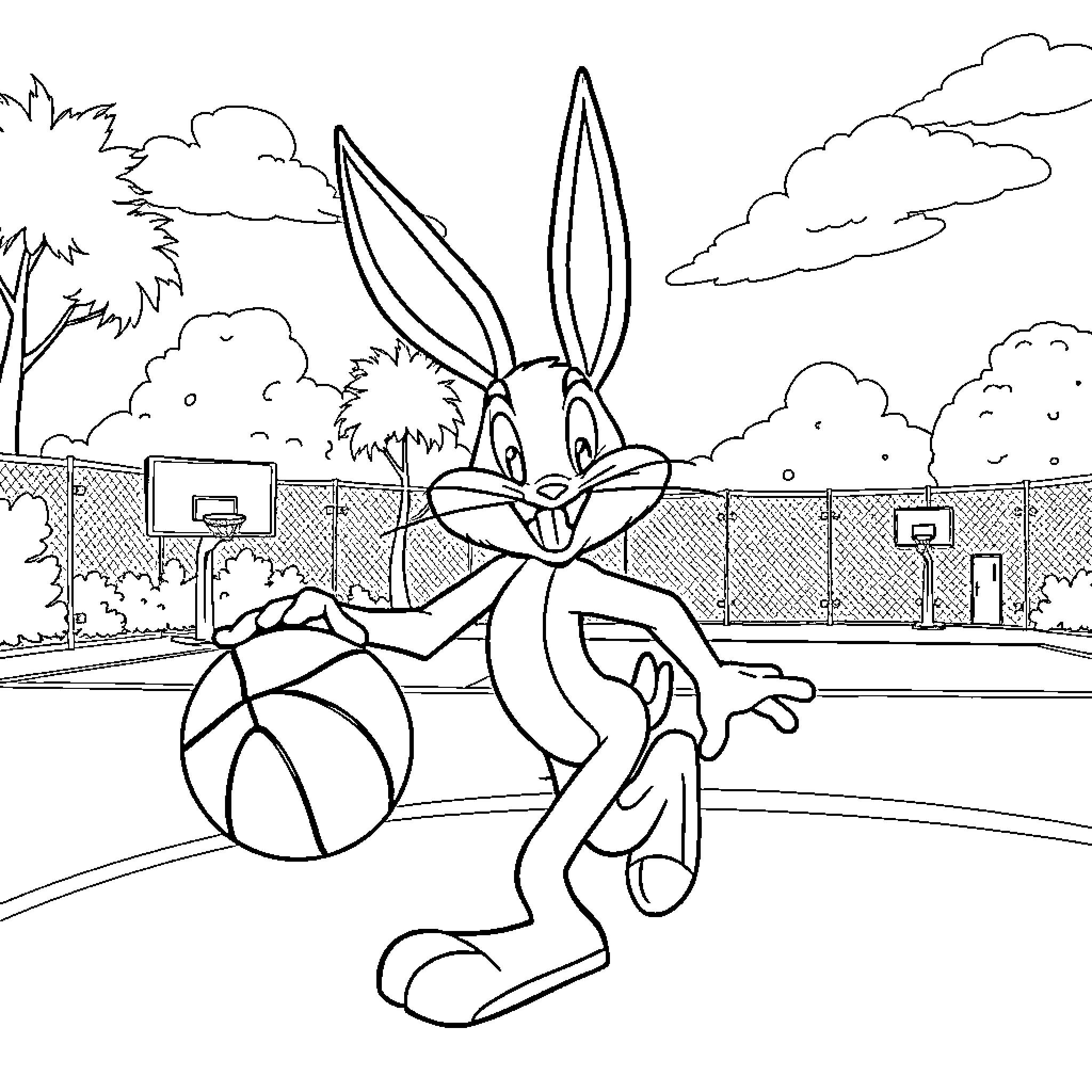 Bugs Bunny playing basketball on the court Coloring Page (free black-and-white line drawing printable PDF for all, from beginners to advanced learners, including children, teens, adults, and seniors)
