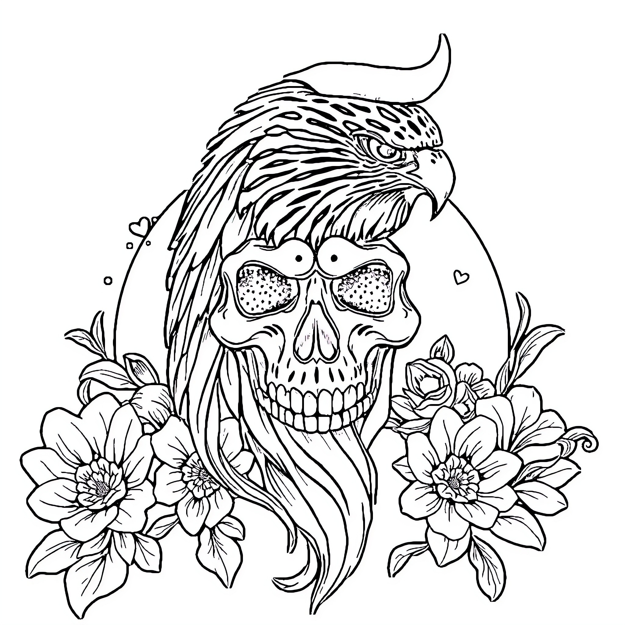 Tattoo with Skull and Floral Elements Coloring Page (free black-and-white line drawing printable PDF for all, from beginners to advanced learners, including children, teens, adults, and seniors)