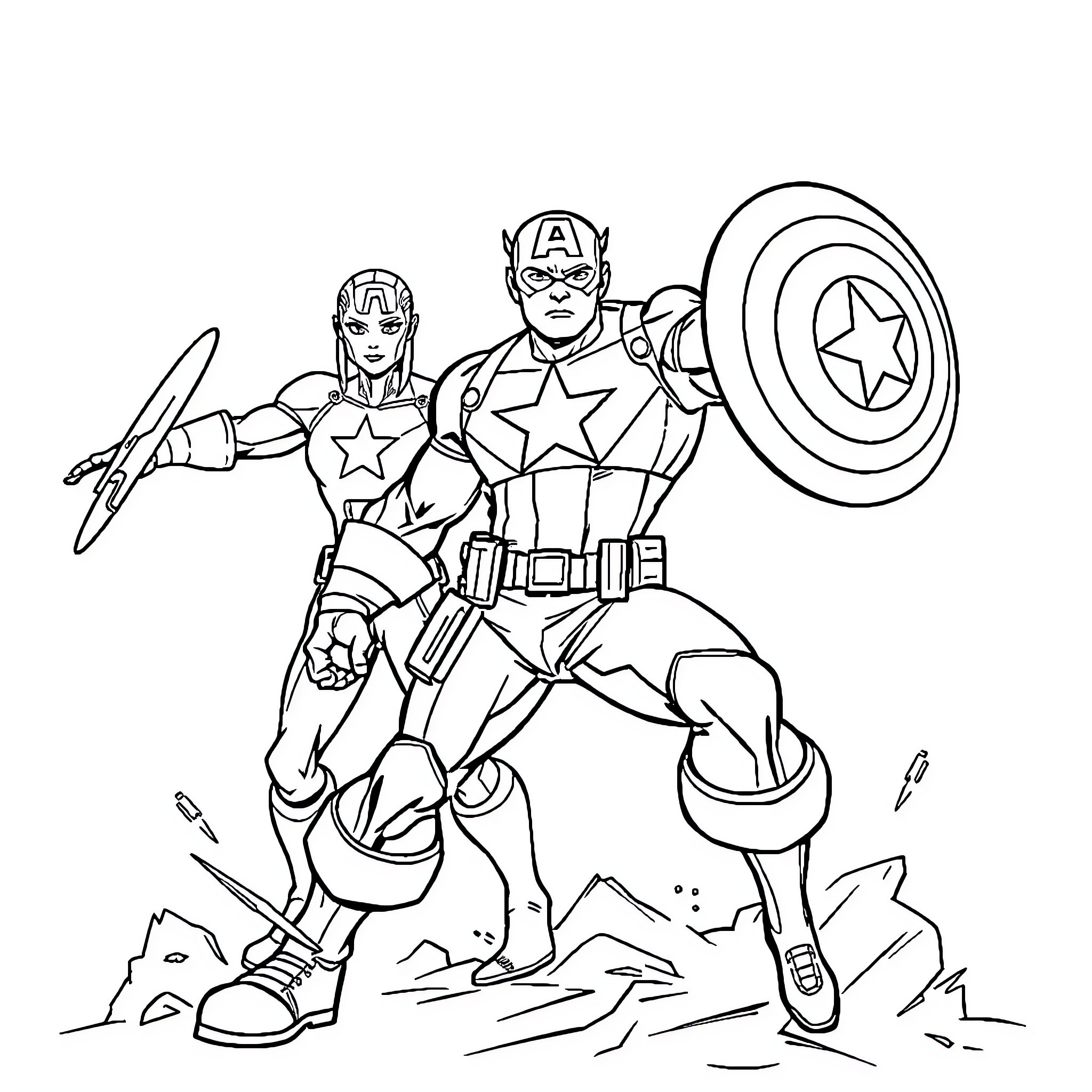 Superhero team in action with shields and weapons Coloring Page (free black-and-white line drawing printable PDF for all, from beginners to advanced learners, including children, teens, adults, and seniors)
