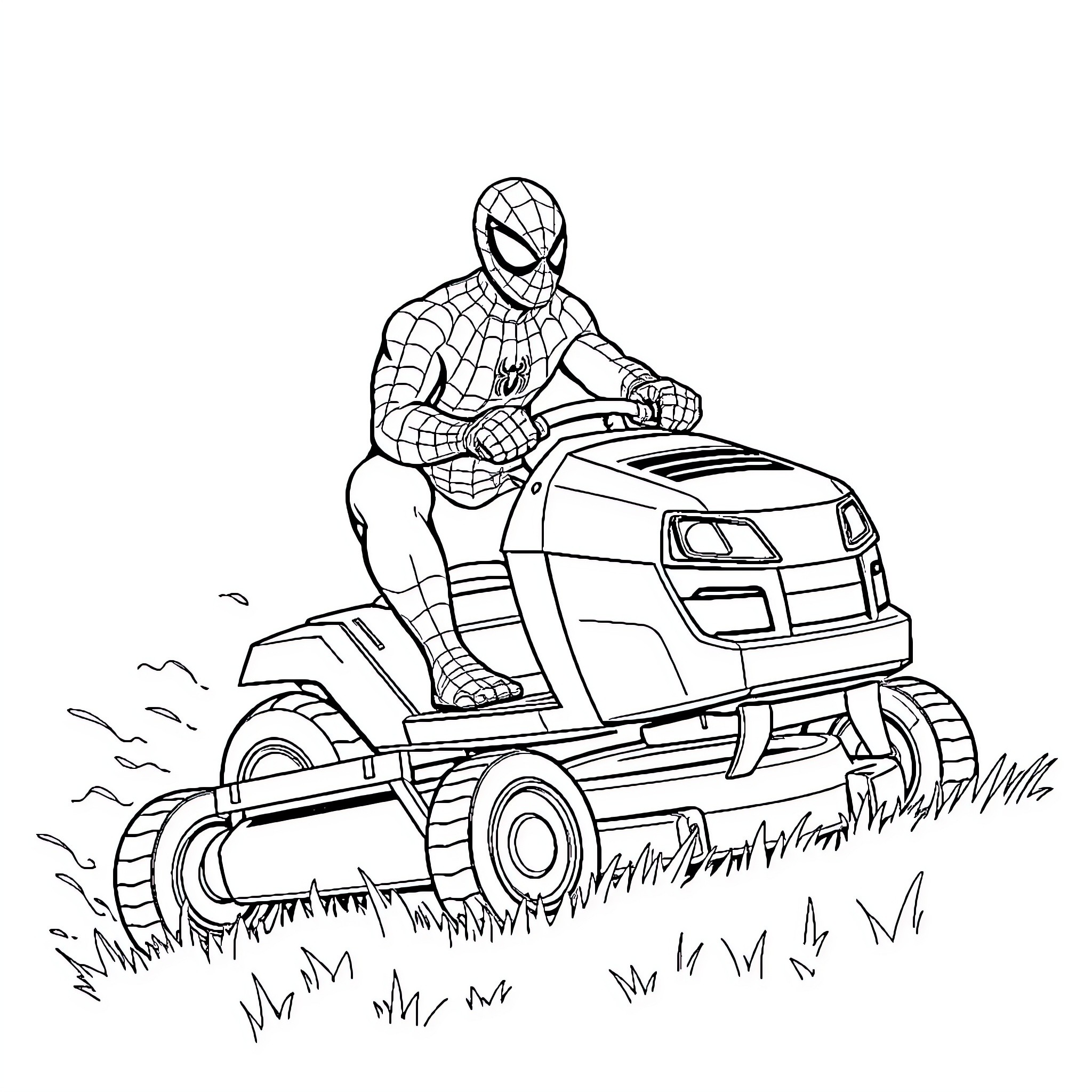 Spiderman riding a power lawn mower in the park Coloring Page (free black-and-white line drawing printable PDF for all, from beginners to advanced learners, including children, teens, adults, and seniors)
