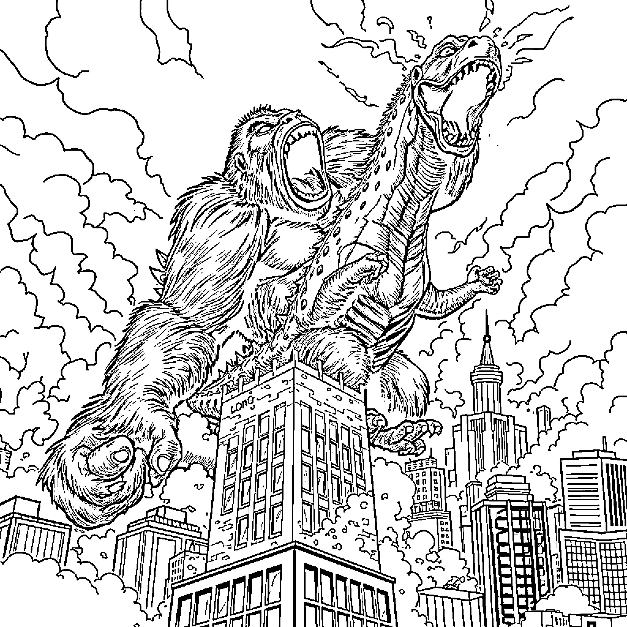 King Kong Rampages Through the City Coloring Page (free black-and-white line drawing printable PDF for all, from beginners to advanced learners, including children, teens, adults, and seniors)