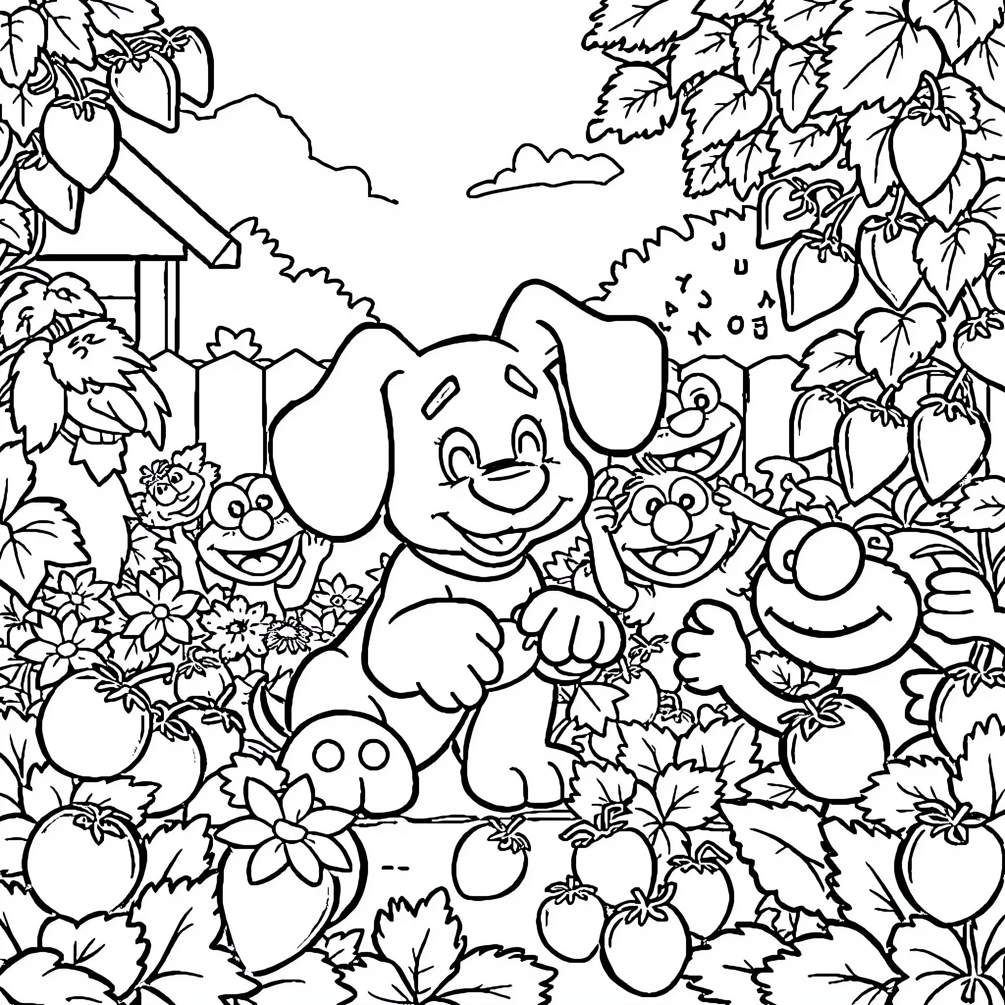 Blue Cartoon Friends Exploring Nature Coloring Page (free black-and-white line drawing printable PDF for all, from beginners to advanced learners, including children, teens, adults, and seniors)