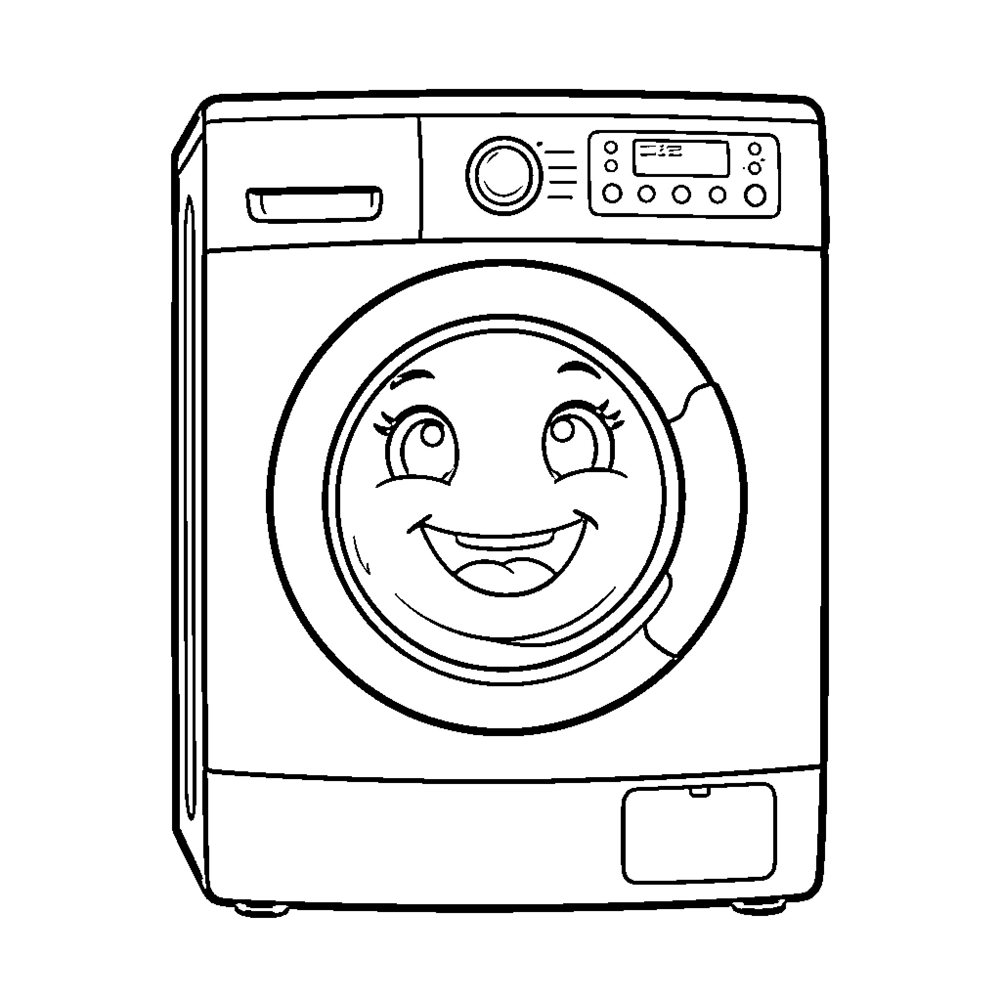 Washing Machine with a Happy Expression Coloring Page (free black-and-white line drawing printable PDF for all, from beginners to advanced learners, including children, teens, adults, and seniors)