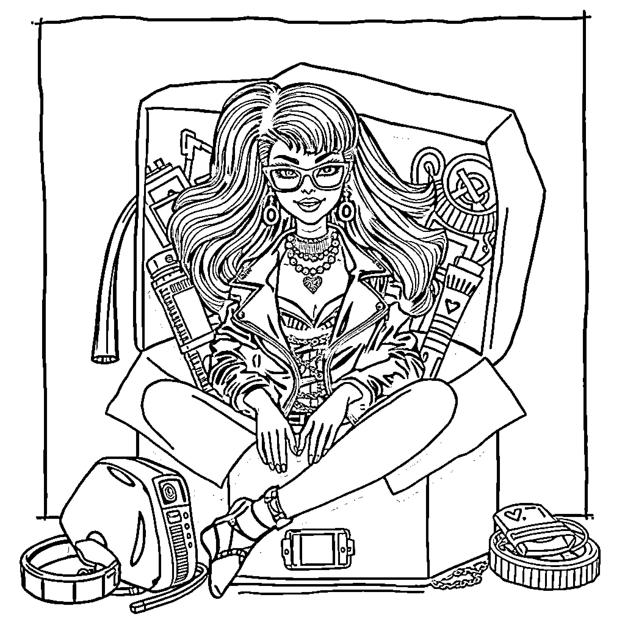 Barbie surrounded by electronic gadgets and accessories Coloring Page (free black-and-white line drawing printable PDF for all, from beginners to advanced learners, including children, teens, adults, and seniors)