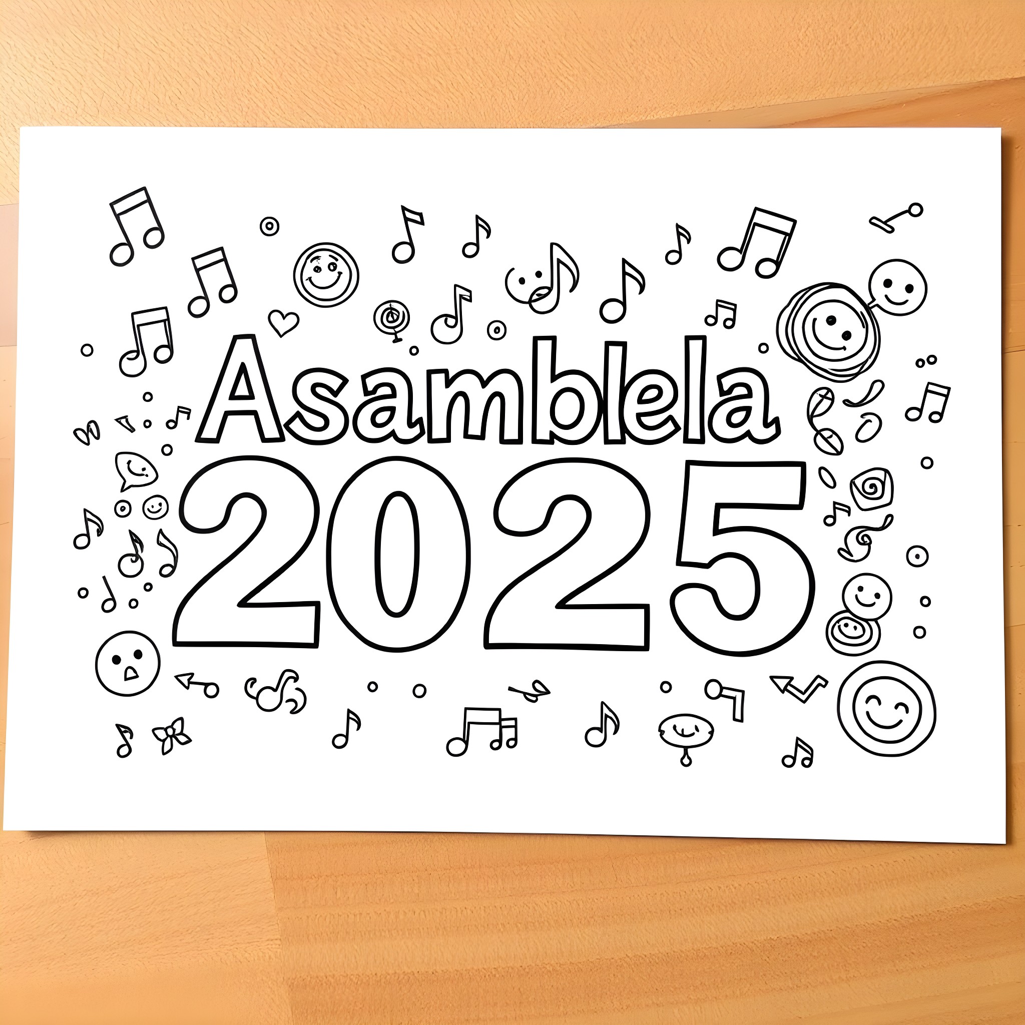 Text with musical notes and Asamblea 2025 Coloring Page (free black-and-white line drawing printable PDF for all, from beginners to advanced learners, including children, teens, adults, and seniors)