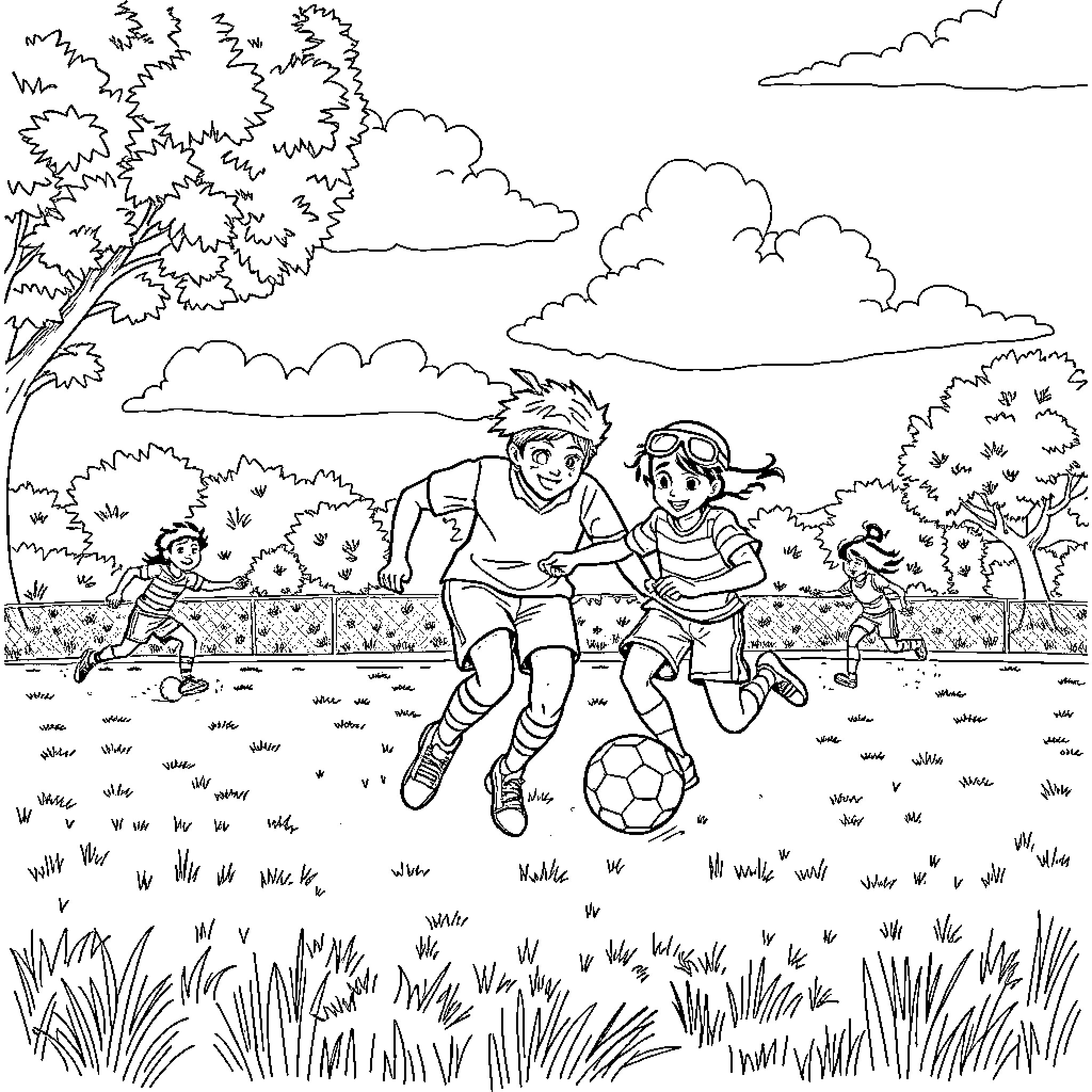 Football players engaged in energetic game on field Coloring Page (free black-and-white line drawing printable PDF for all, from beginners to advanced learners, including children, teens, adults, and seniors)