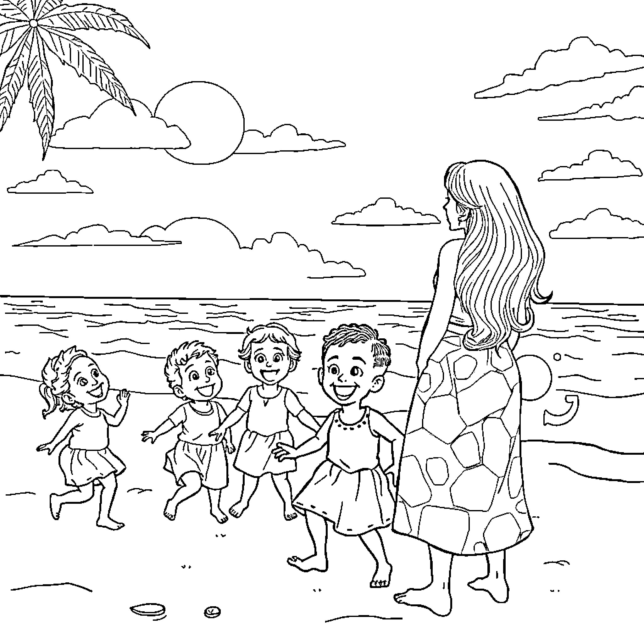Child playing with friends on the beach Coloring Page (free black-and-white line drawing printable PDF for all, from beginners to advanced learners, including children, teens, adults, and seniors)