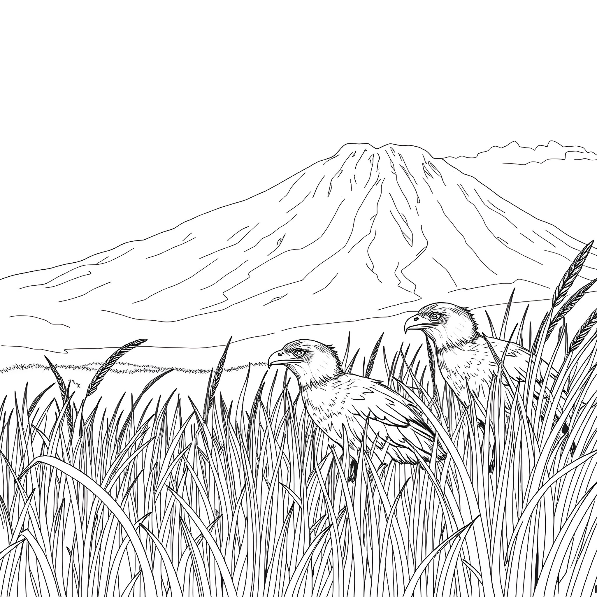 Dinosaur pair in tall grass with mountain backdrop Coloring Page (free black-and-white line drawing printable PDF for all, from beginners to advanced learners, including children, teens, adults, and seniors)