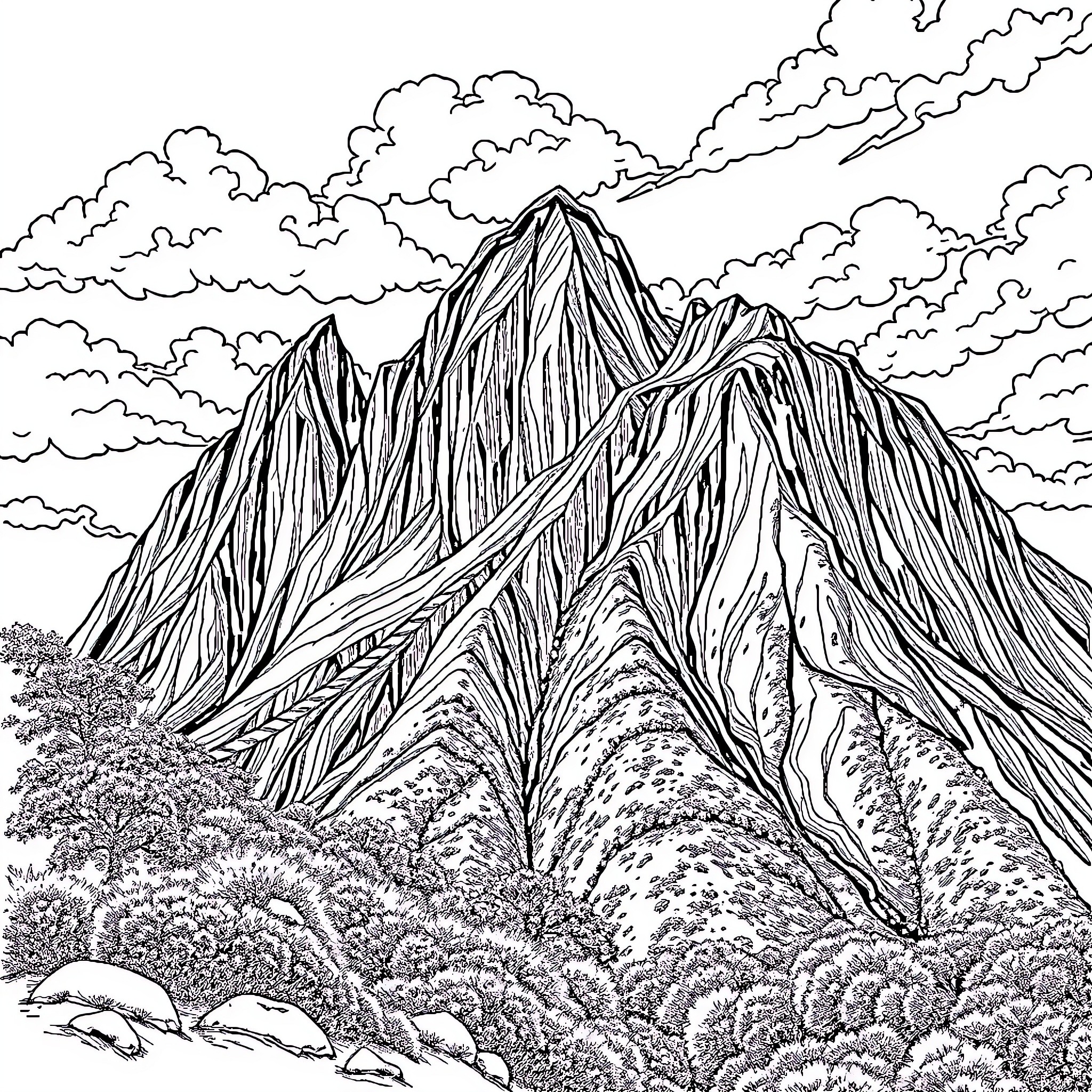 Mountain landscape with dramatic clouds and peaks Coloring Page (free black-and-white line drawing printable PDF for all, from beginners to advanced learners, including children, teens, adults, and seniors)