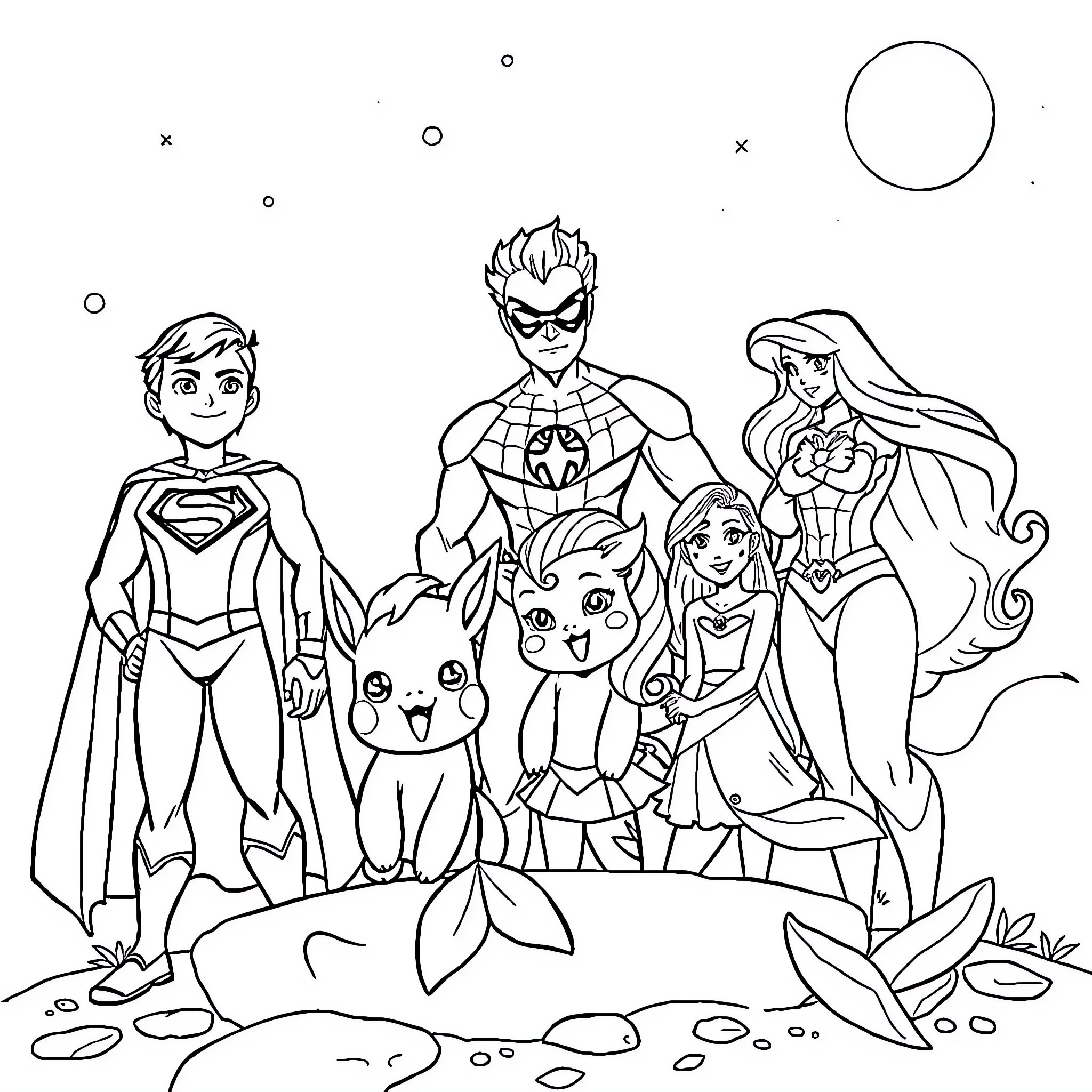 Superhero Friends Explore Magical Underwater World Coloring Page (free black-and-white line drawing printable PDF for all, from beginners to advanced learners, including children, teens, adults, and seniors)